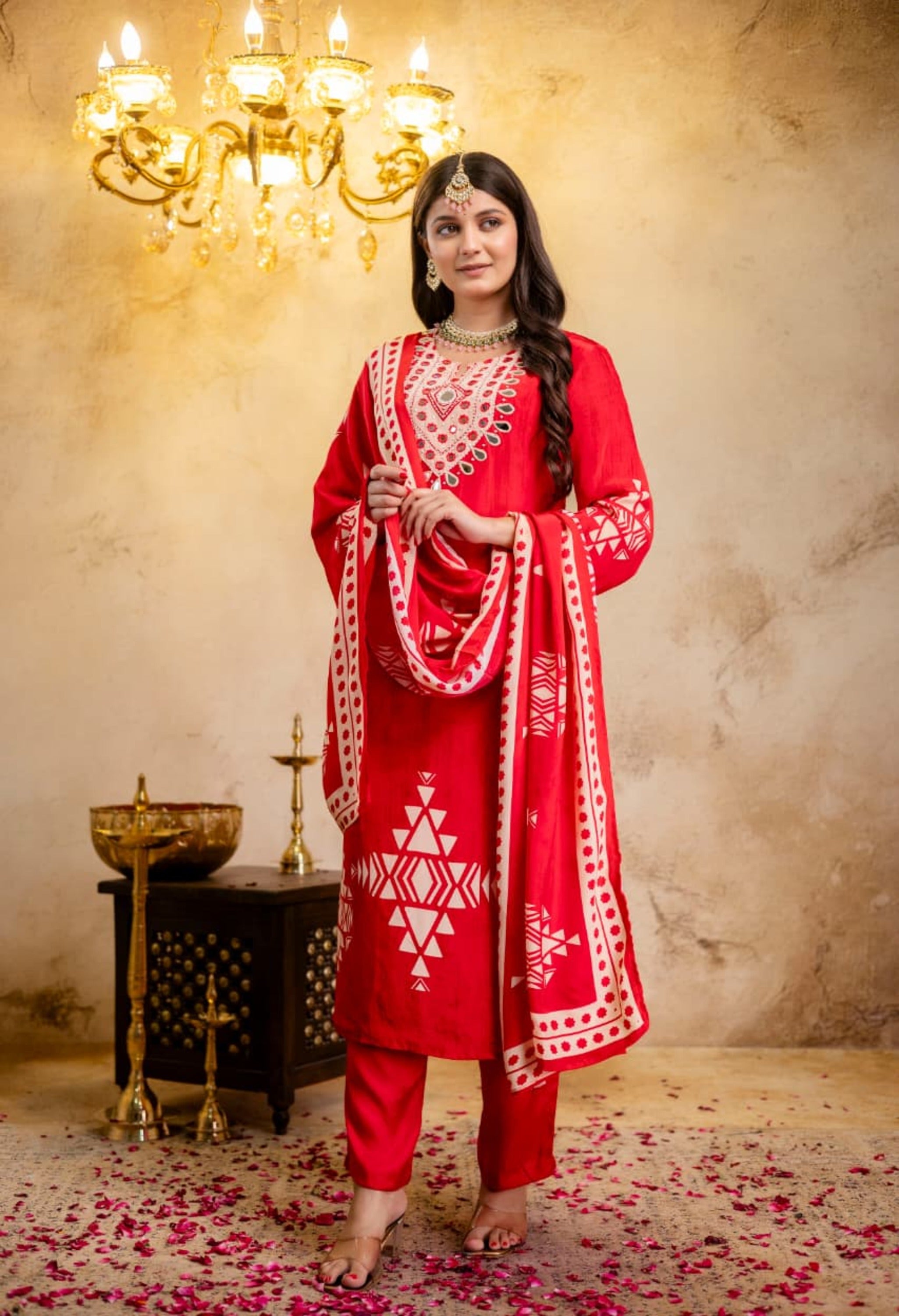 Red Crepe Digital Print Mirror Work Suit - Set of 3