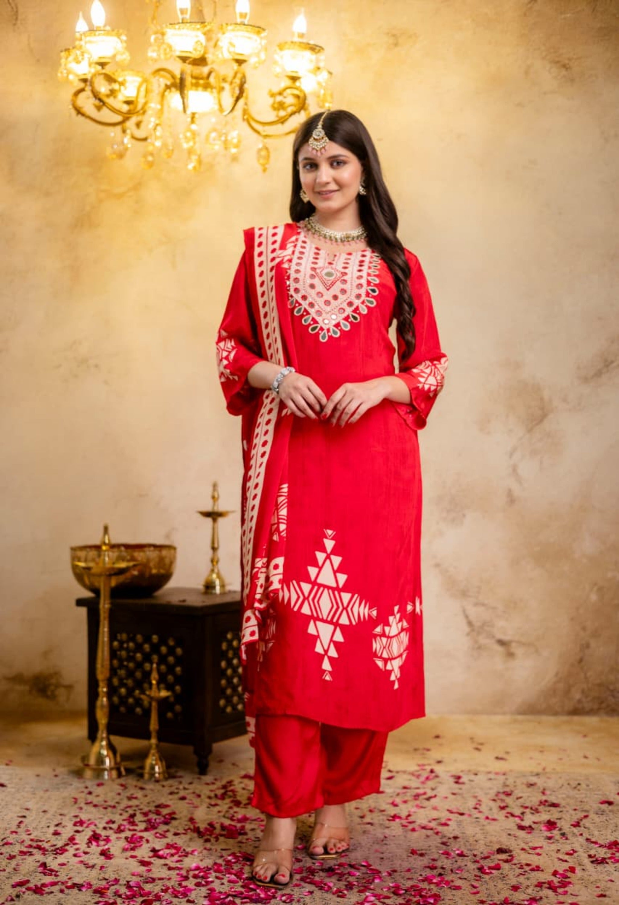 Red Crepe Digital Print Mirror Work Suit - Set of 3