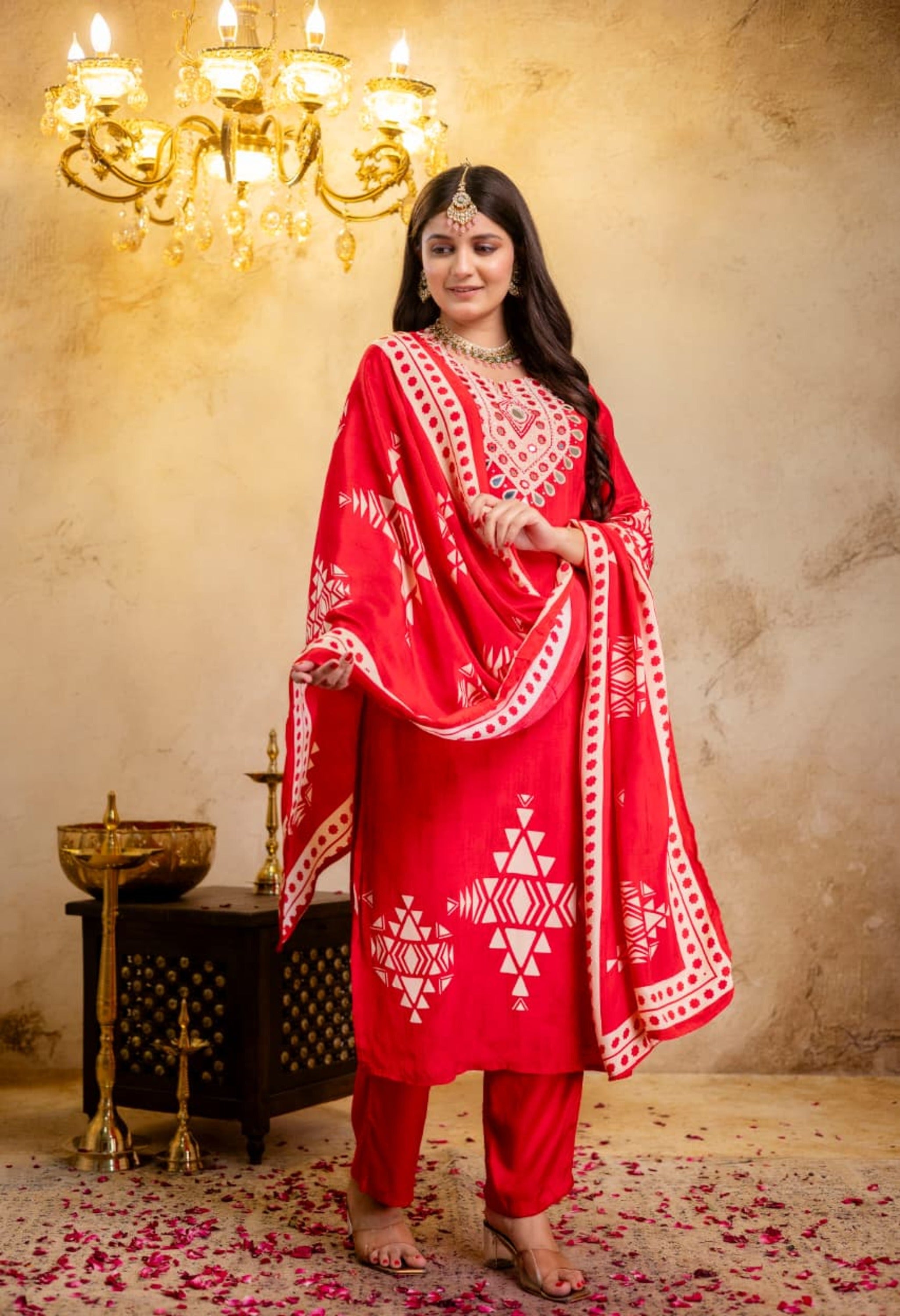 Red Crepe Digital Print Mirror Work Suit - Set of 3