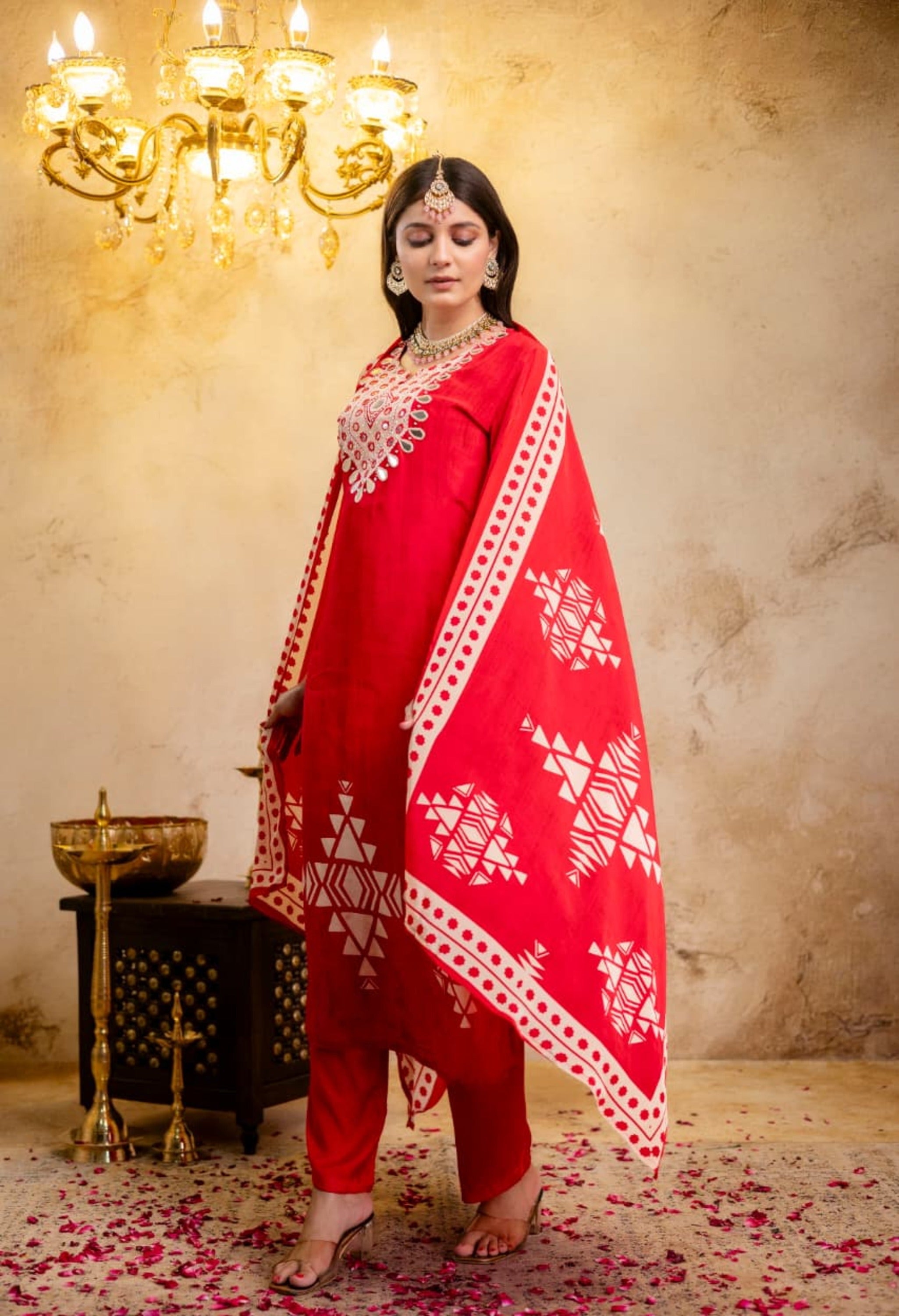 Red Crepe Digital Print Mirror Work Suit - Set of 3