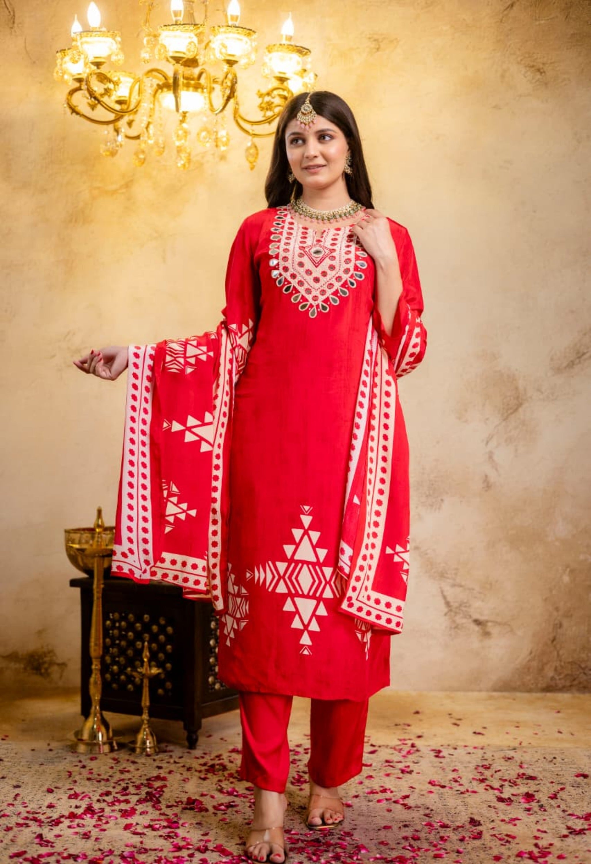 Red Crepe Digital Print Mirror Work Suit - Set of 3