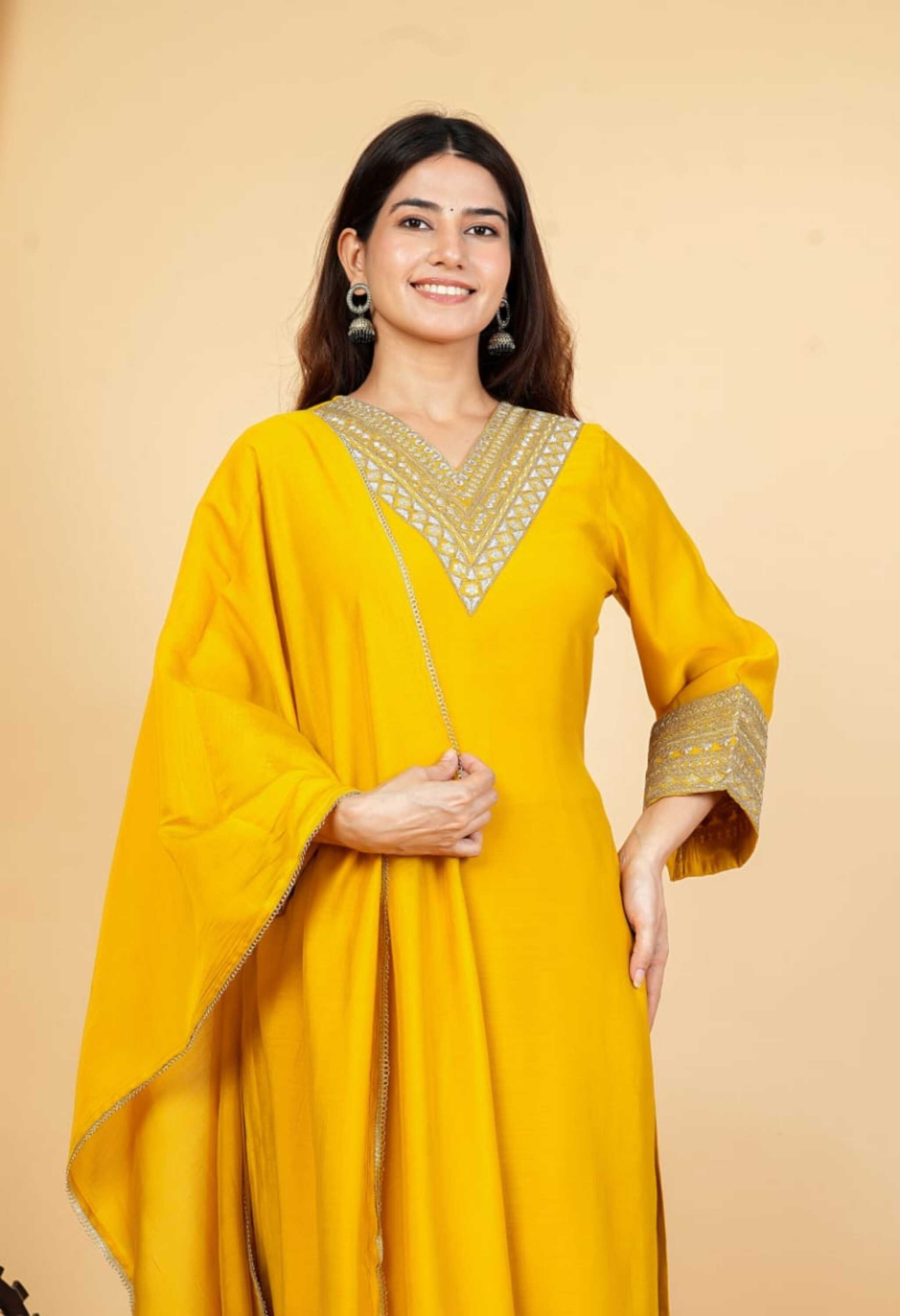 Yellow Mul Chanderi Zari Sequin Embroidered Suit-Set of 3