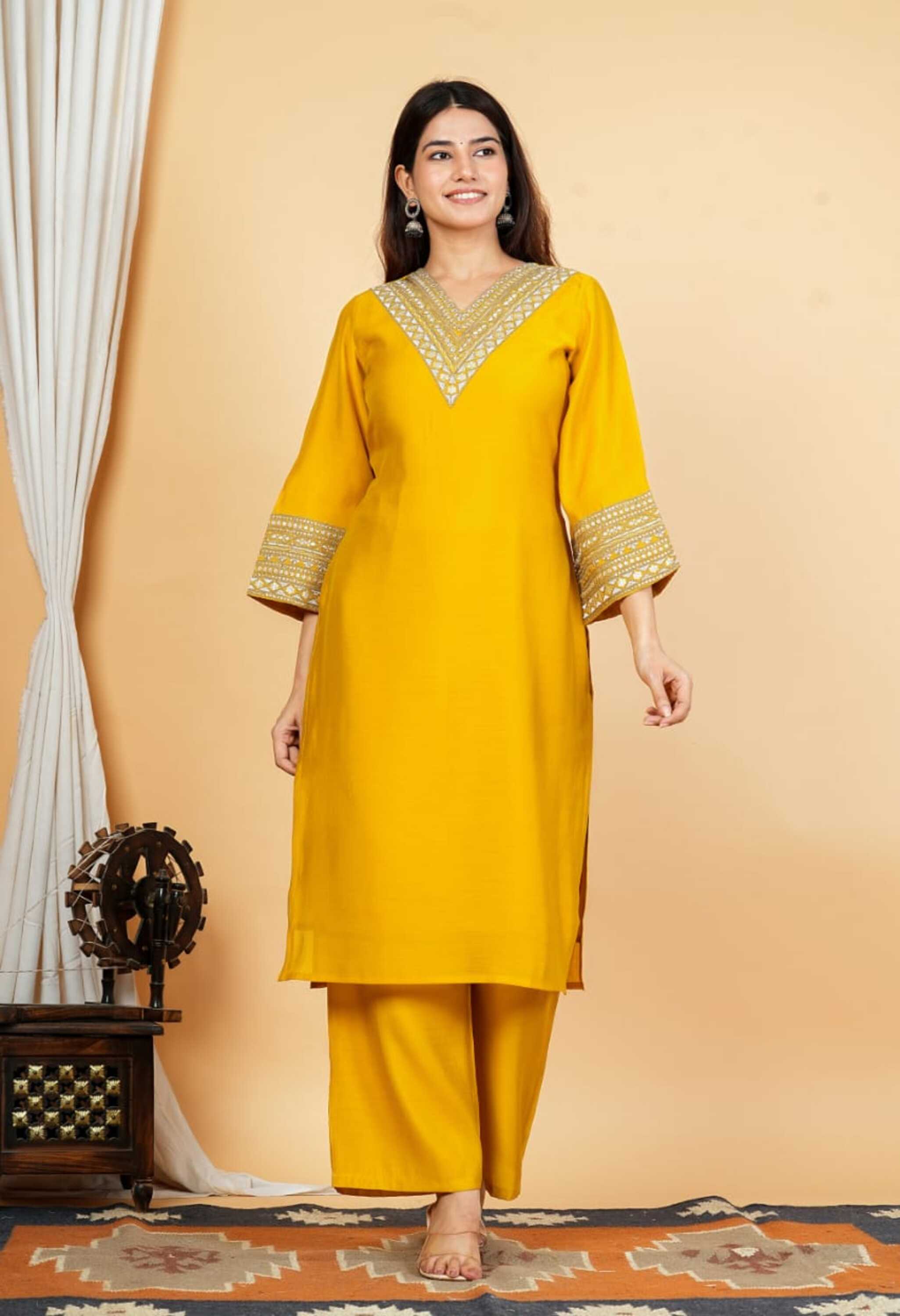 Yellow Mul Chanderi Zari Sequin Embroidered Suit-Set of 3