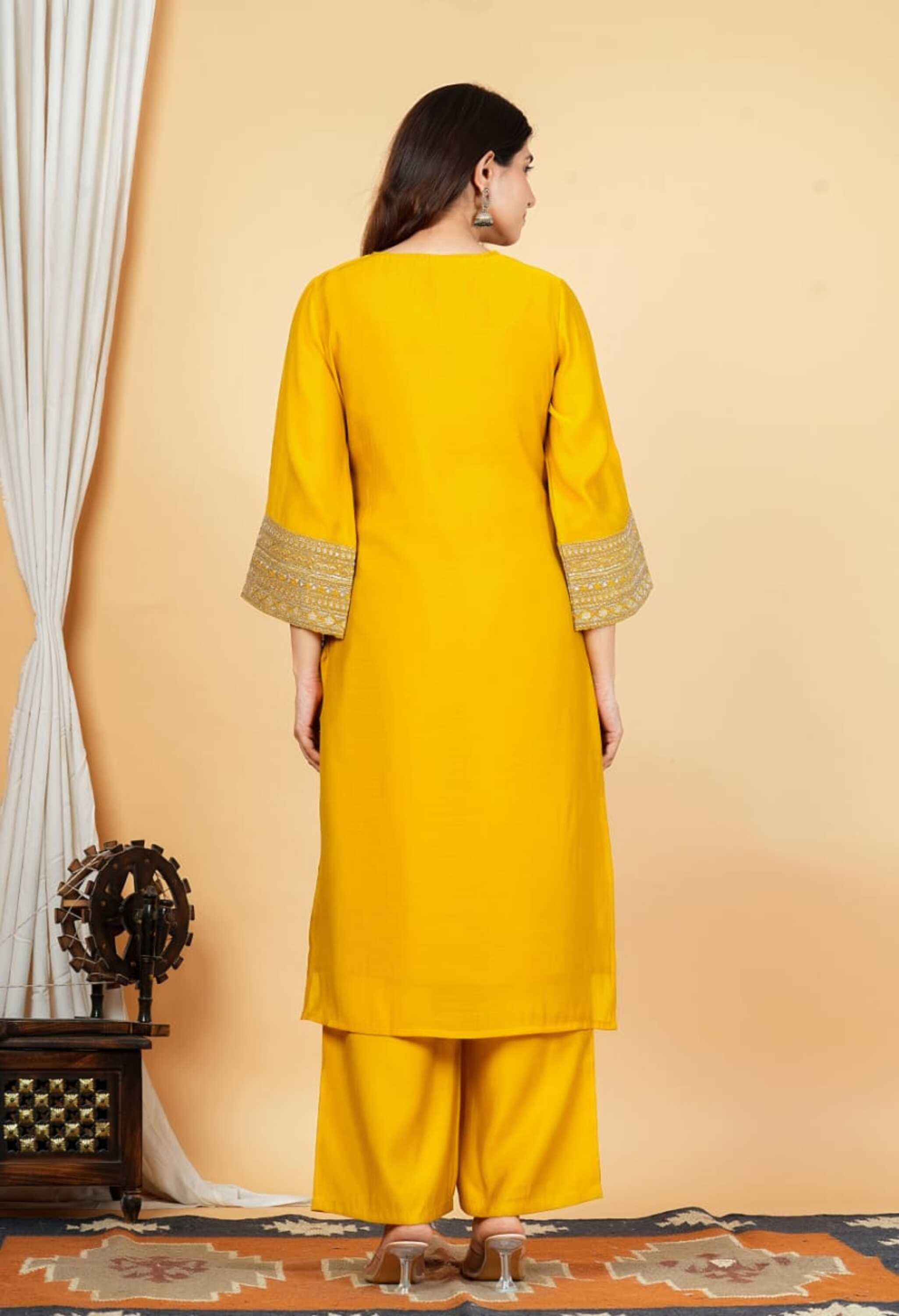 Yellow Mul Chanderi Zari Sequin Embroidered Suit-Set of 3
