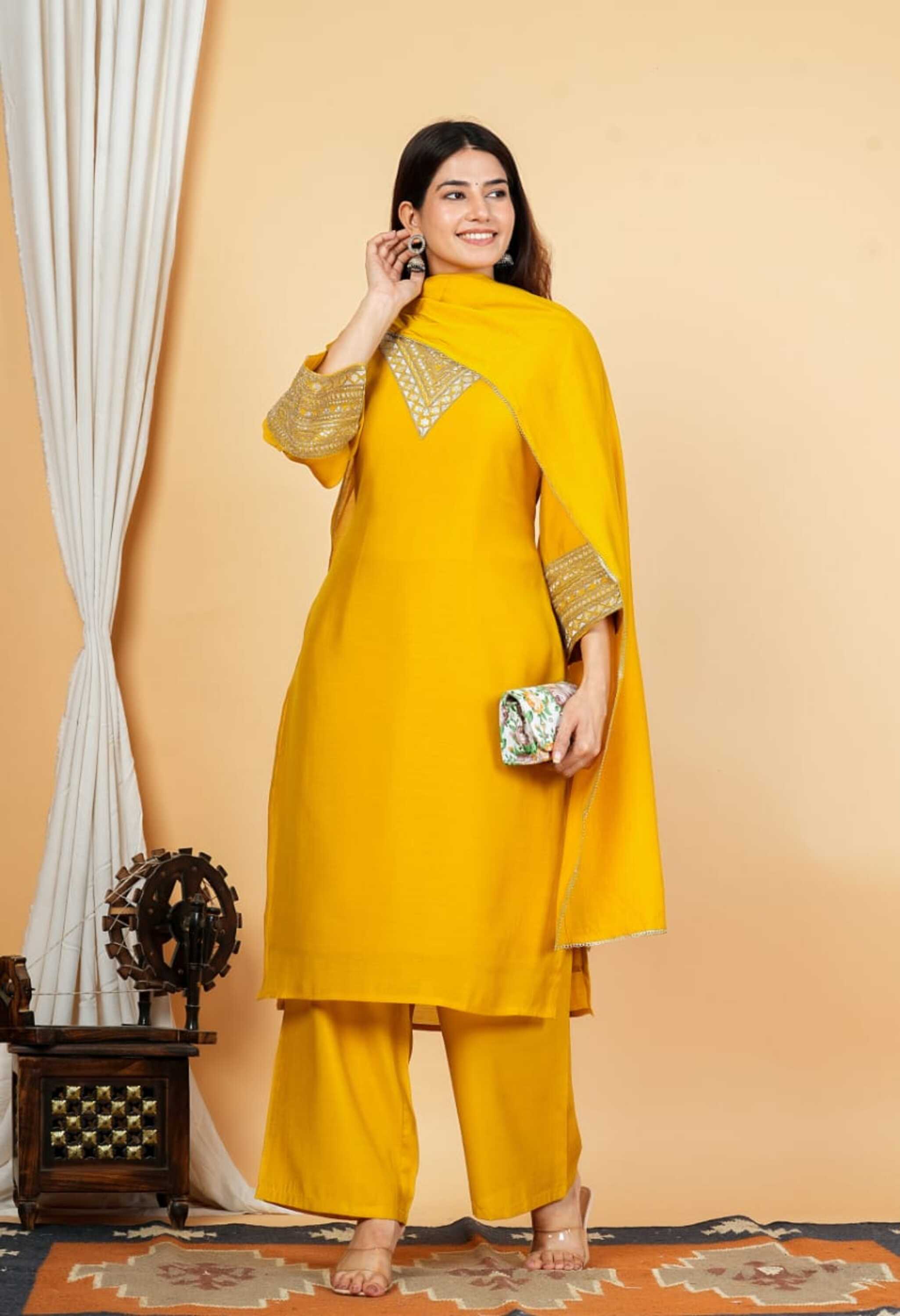 Yellow Mul Chanderi Zari Sequin Embroidered Suit-Set of 3