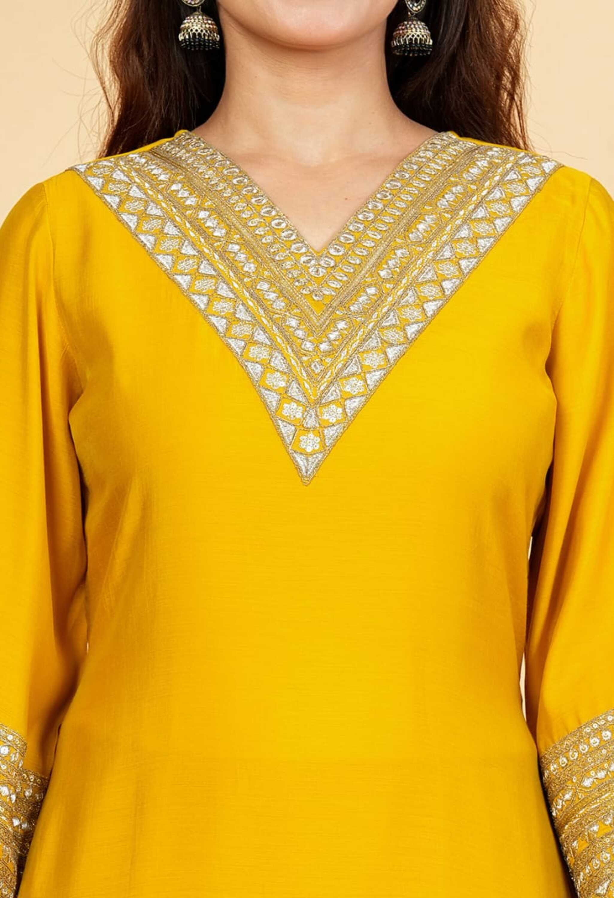 Yellow Mul Chanderi Zari Sequin Embroidered Suit-Set of 3