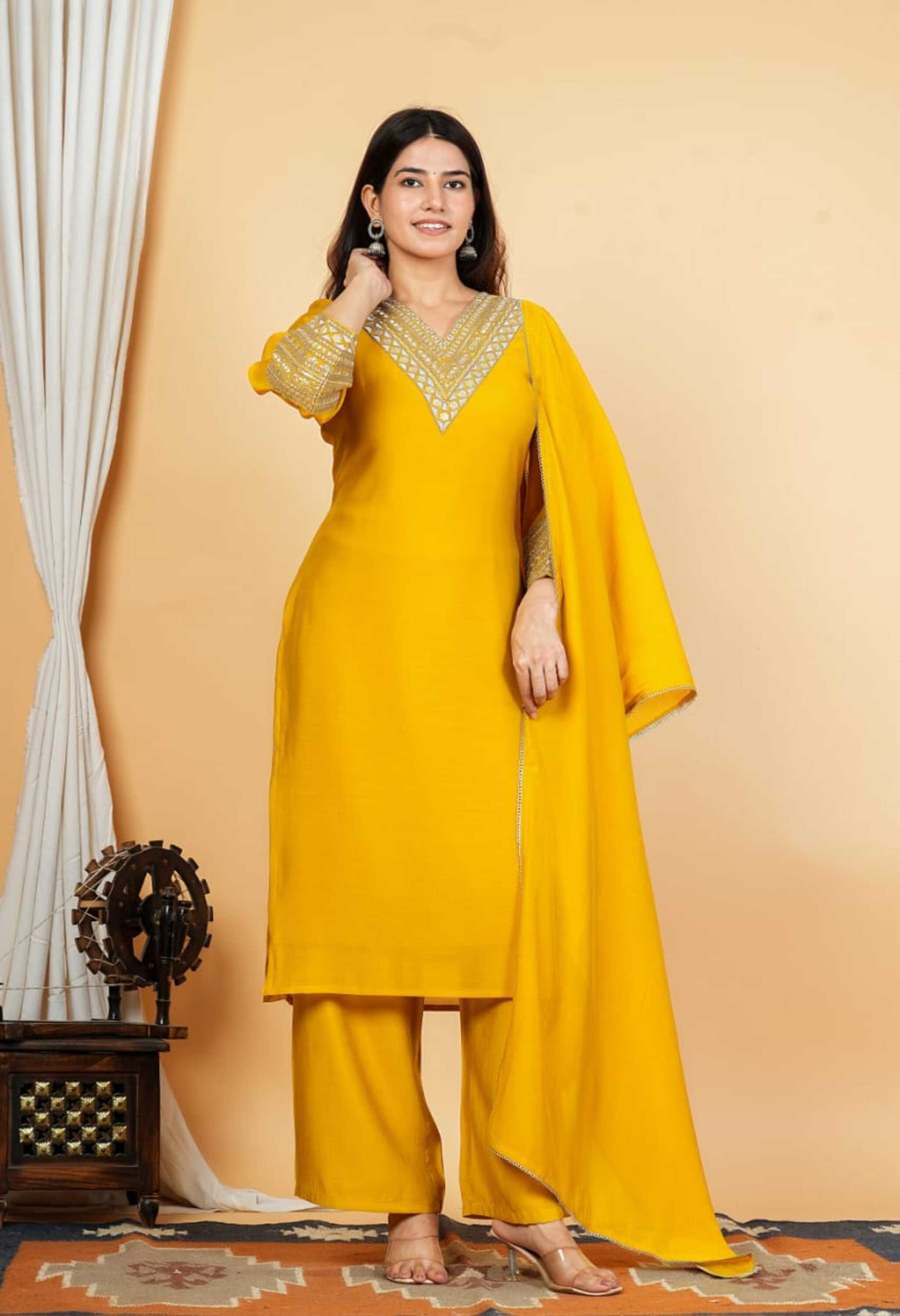 Yellow Mul Chanderi Zari Sequin Embroidered Suit-Set of 3