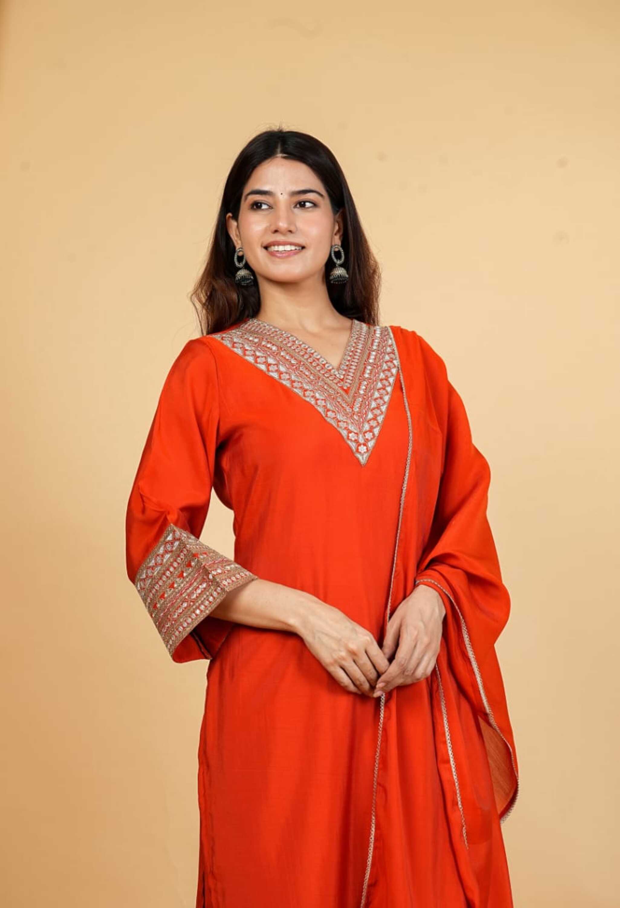 Rust Orange Mul Chanderi Zari Sequin Embroidered Suit-Set of 3