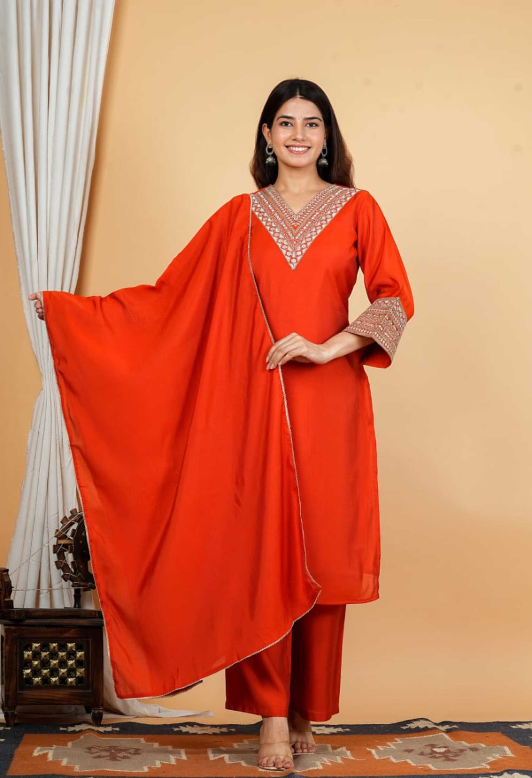 Rust Orange Mul Chanderi Zari Sequin Embroidered Suit-Set of 3