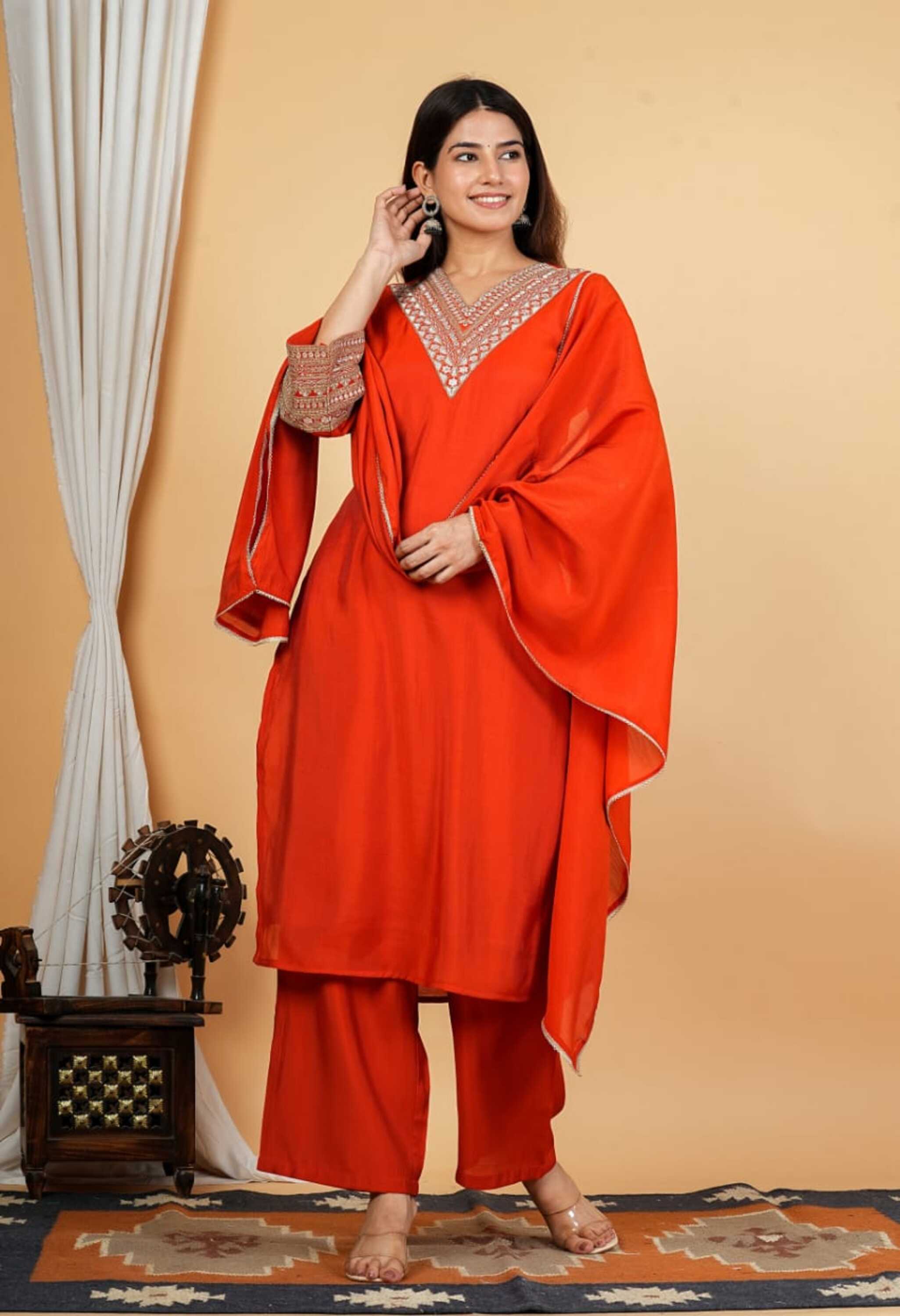 Rust Orange Mul Chanderi Zari Sequin Embroidered Suit-Set of 3