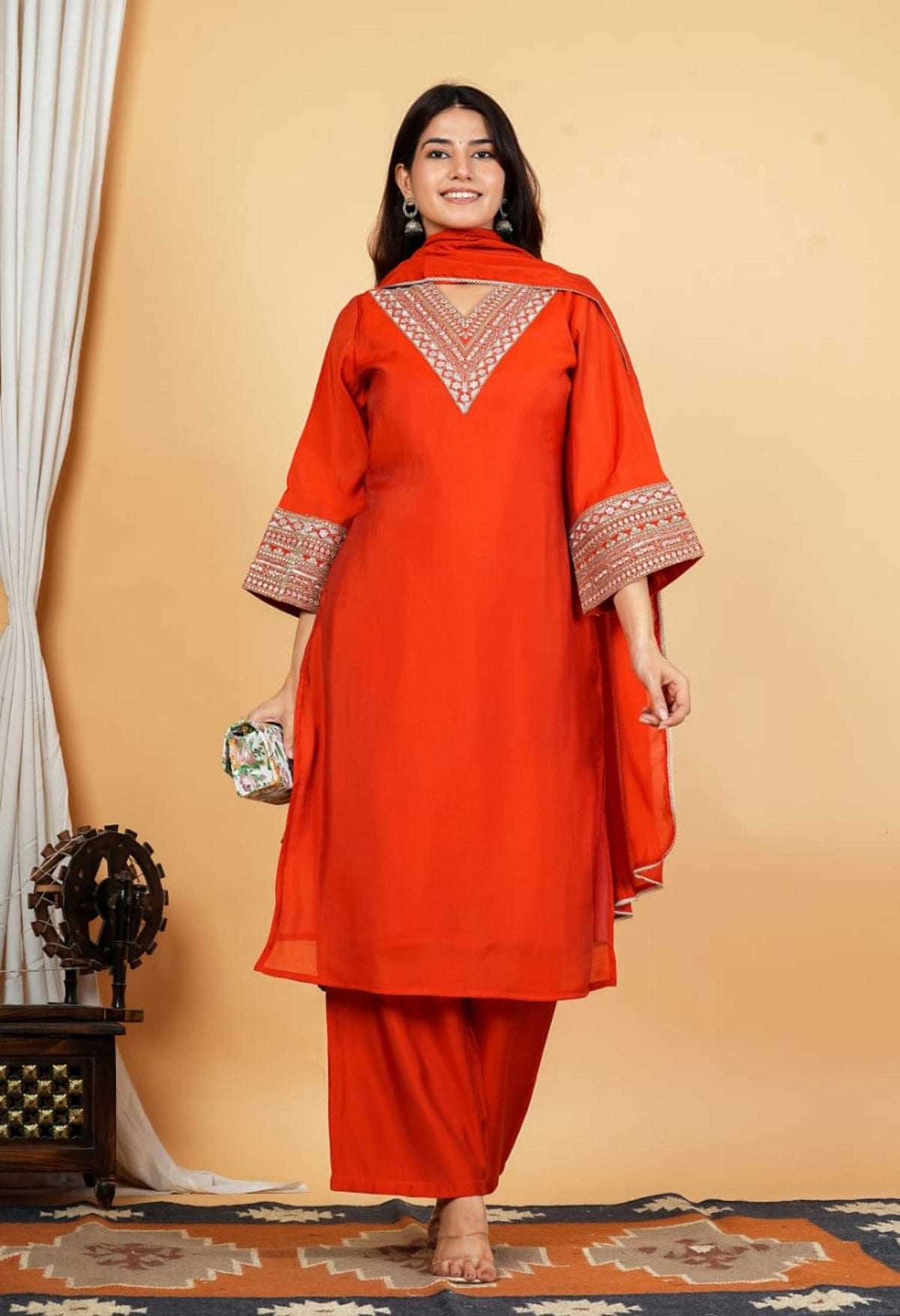 Rust Orange Mul Chanderi Zari Sequin Embroidered Suit-Set of 3