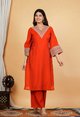 Rust Orange Mul Chanderi Zari Sequin Embroidered Suit-Set of 3