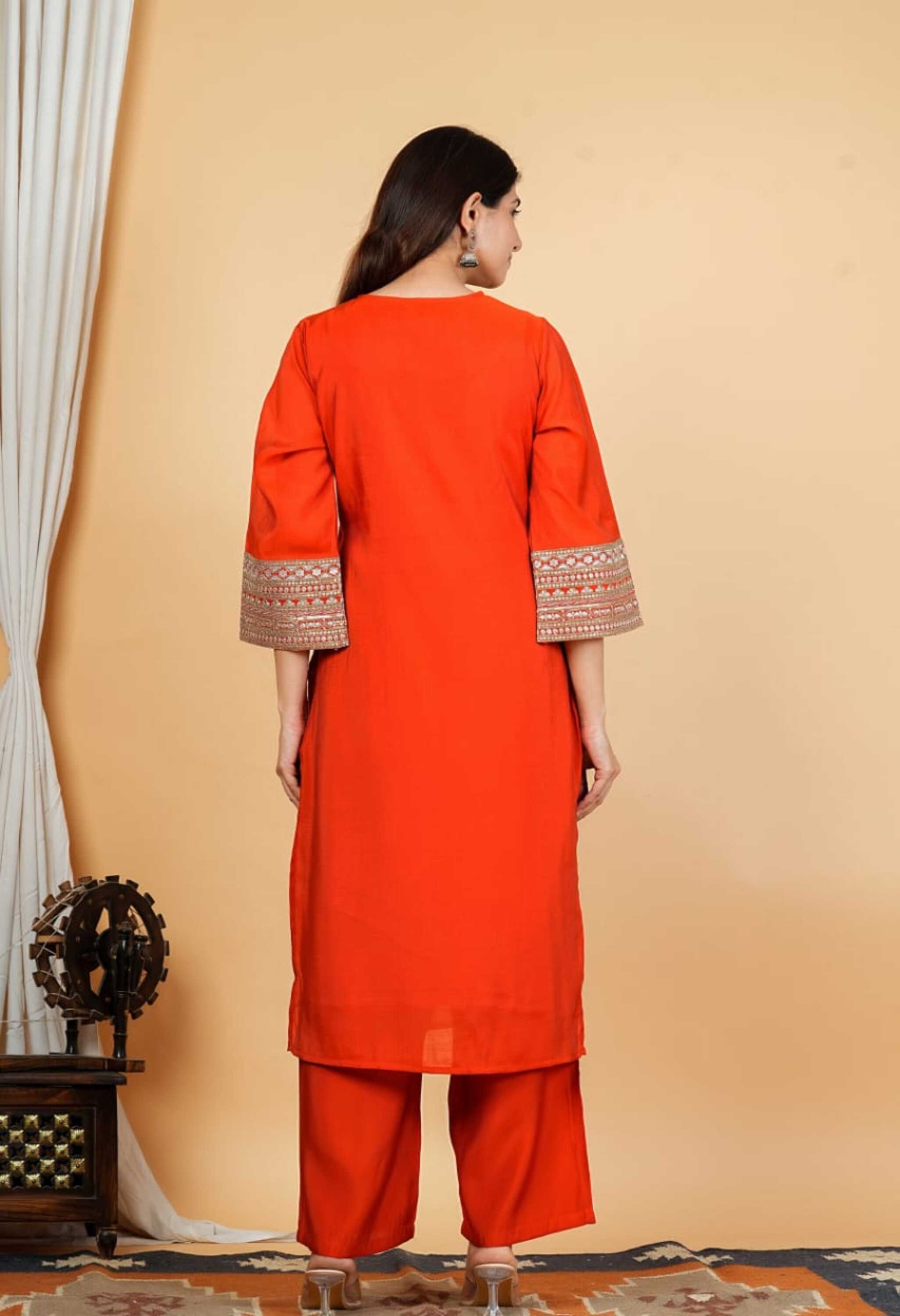 Rust Orange Mul Chanderi Zari Sequin Embroidered Suit-Set of 3