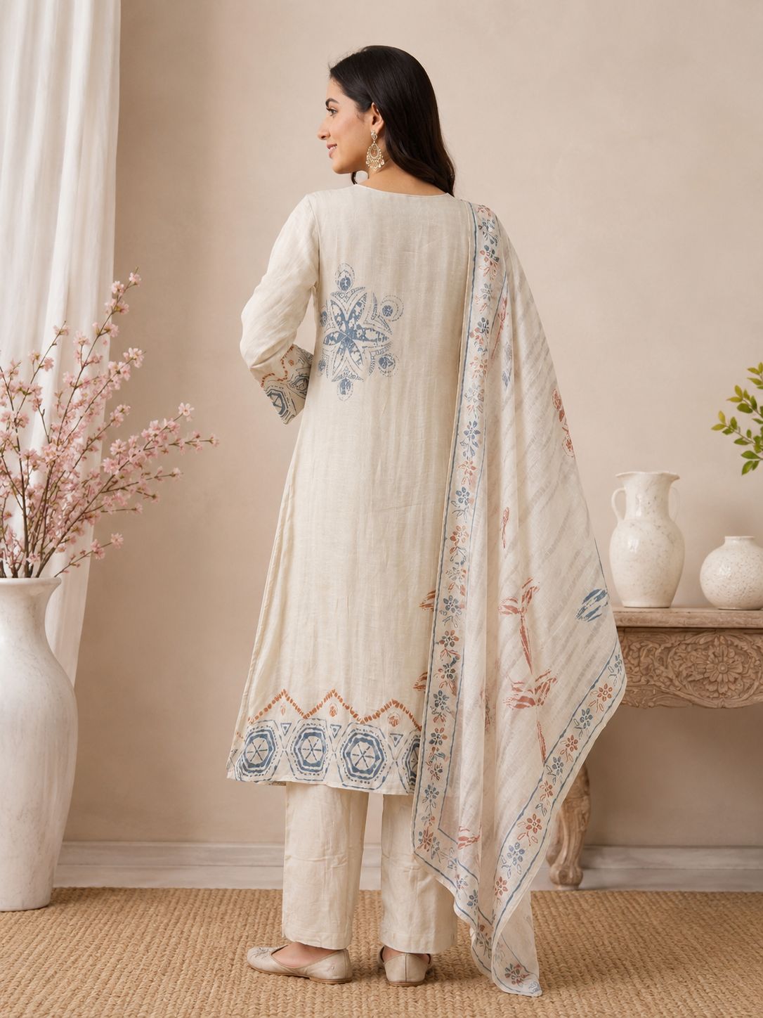 Ivory Cotton Linen Handwork Abstract A-Line Kurta Set- Set of 3