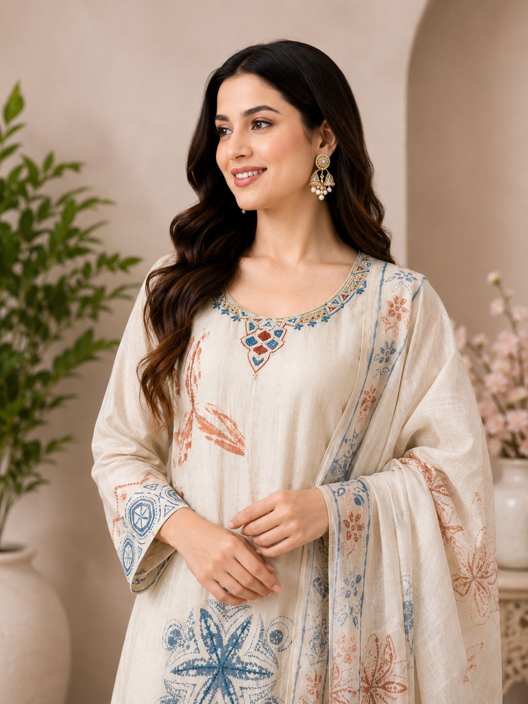 Ivory Cotton Linen Handwork Abstract A-Line Kurta Set- Set of 3