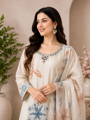 Ivory Cotton Linen Handwork Abstract A-Line Kurta Set- Set of 3