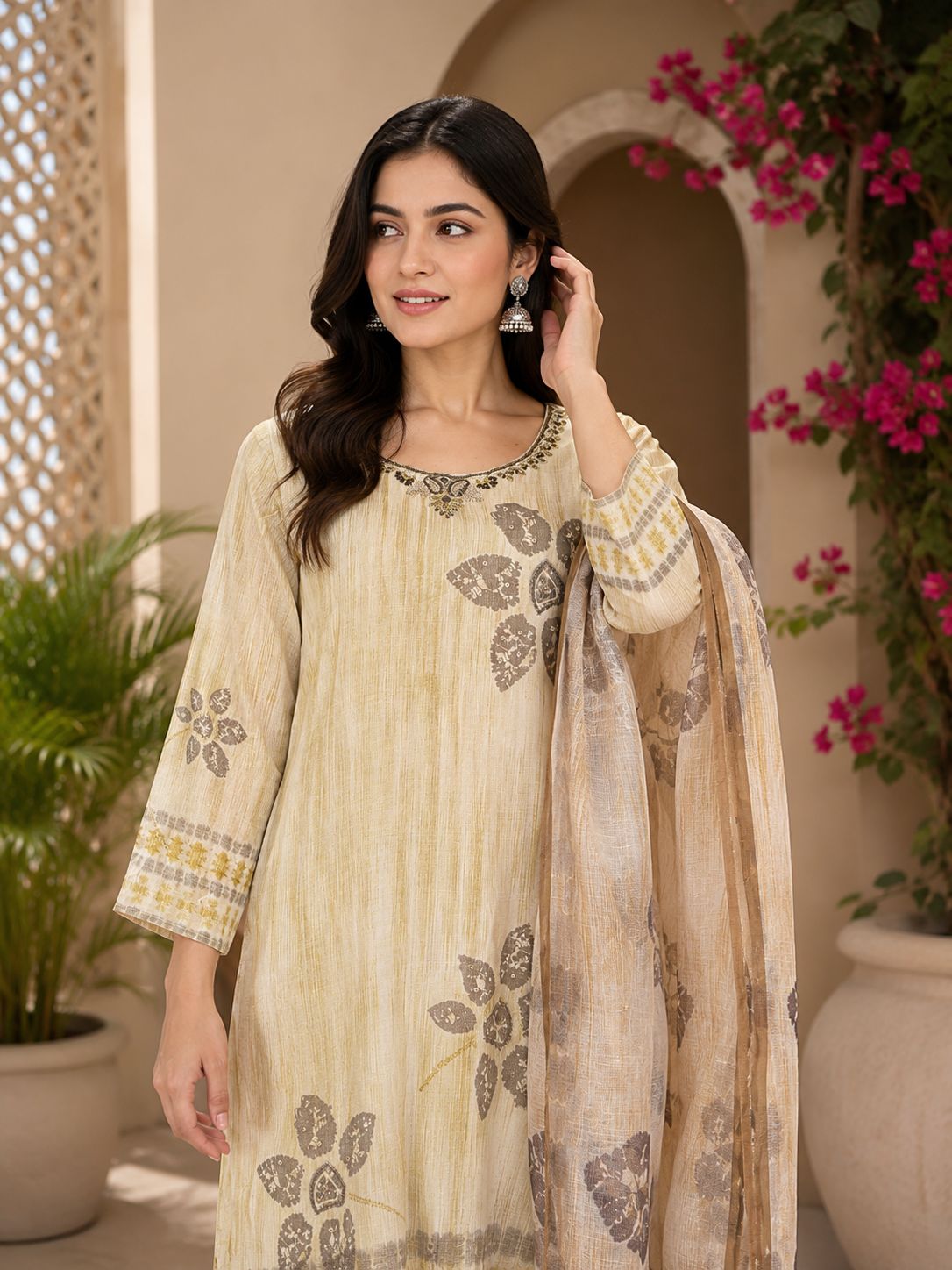 Cream Cotton Linen Handwork Abstract A-Line Kurta Set- Set of 3