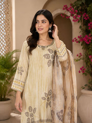 Cream Cotton Linen Handwork Abstract A-Line Kurta Set- Set of 3