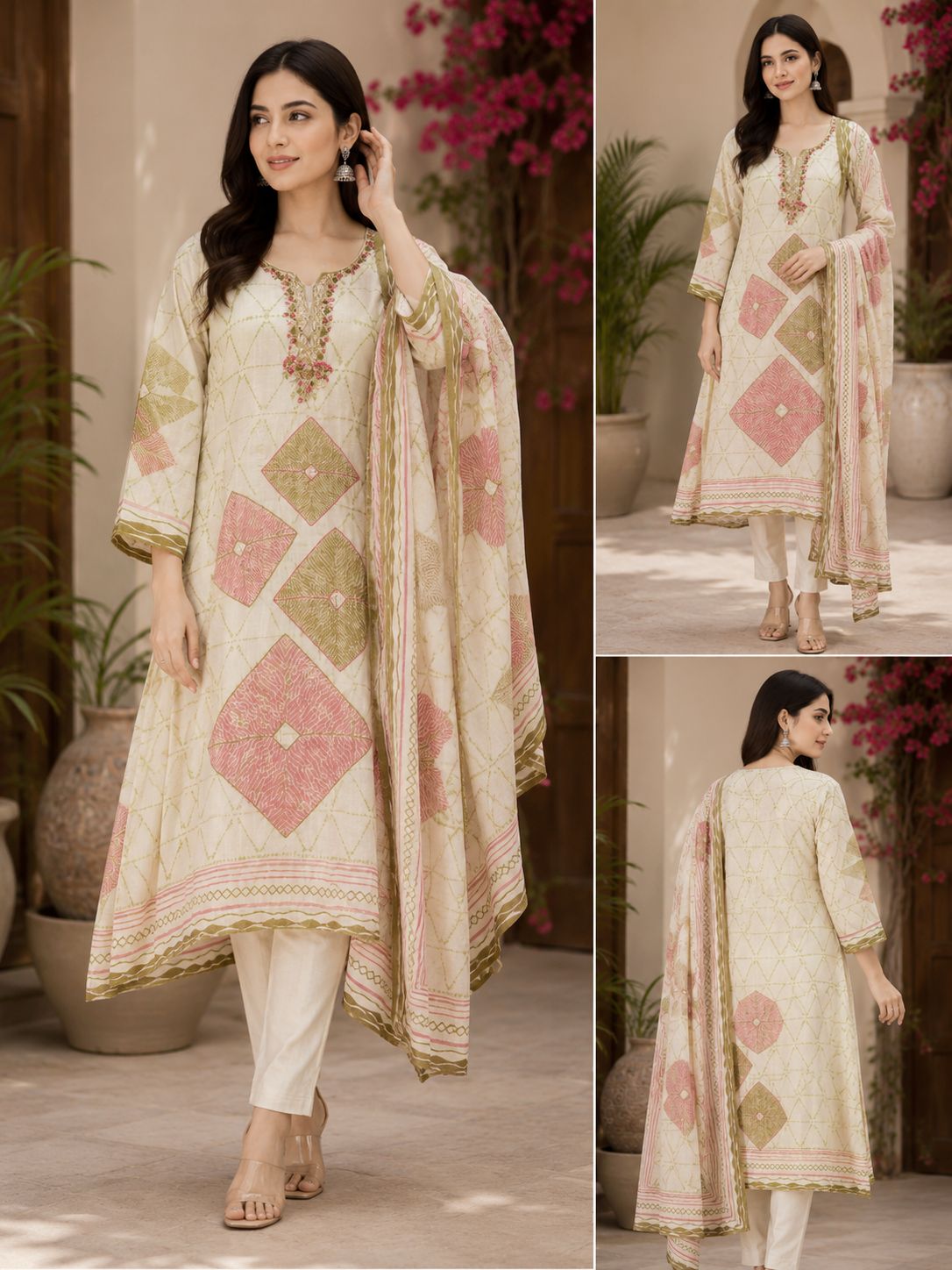 Beige Cotton Linen Handwork Abstract A-Line Kurta Set- Set of 3