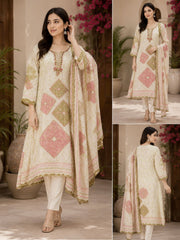 Beige Cotton Linen Handwork Abstract A-Line Kurta Set- Set of 3