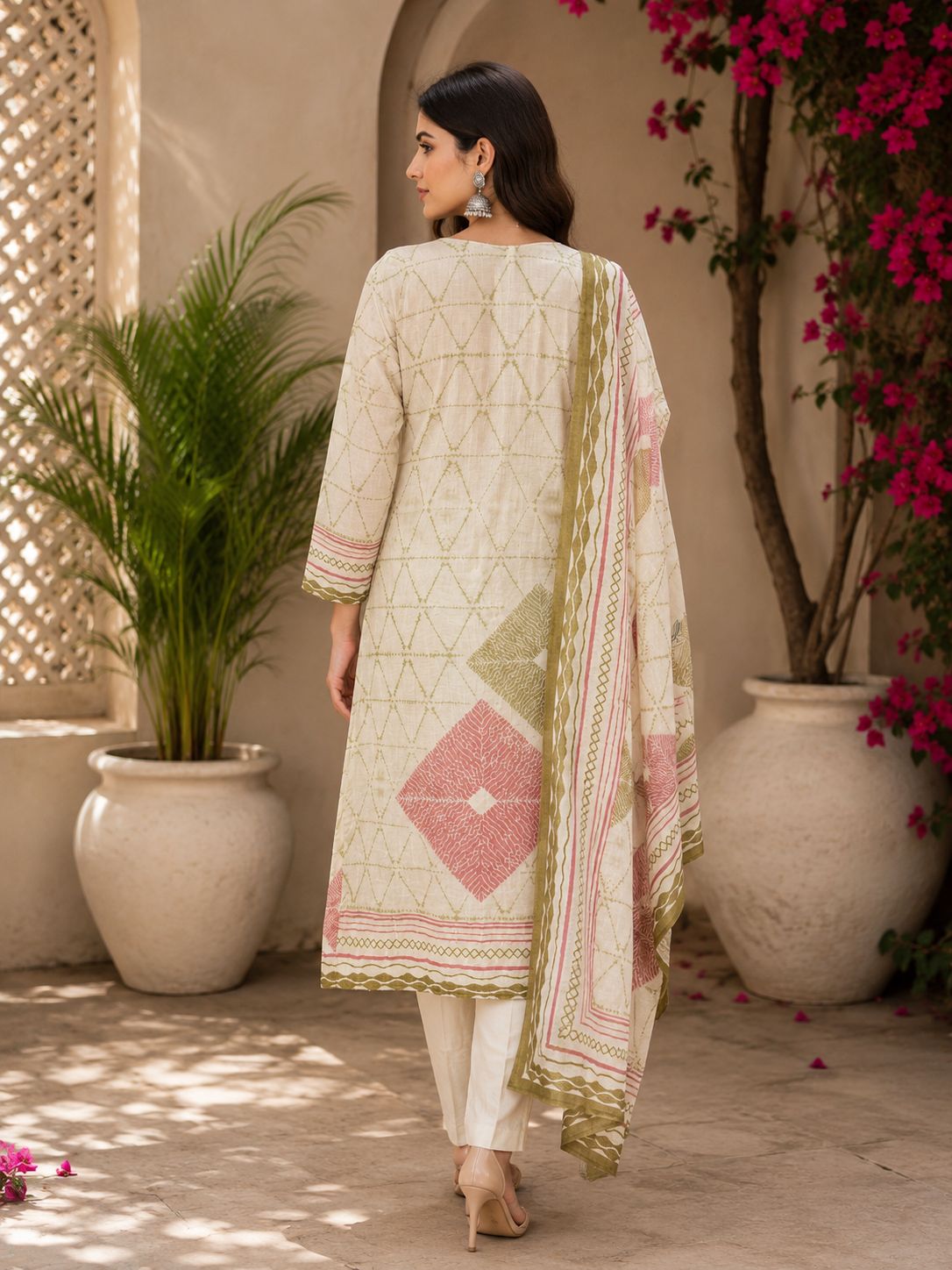 Beige Cotton Linen Handwork Abstract A-Line Kurta Set- Set of 3