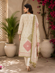 Beige Cotton Linen Handwork Abstract A-Line Kurta Set- Set of 3