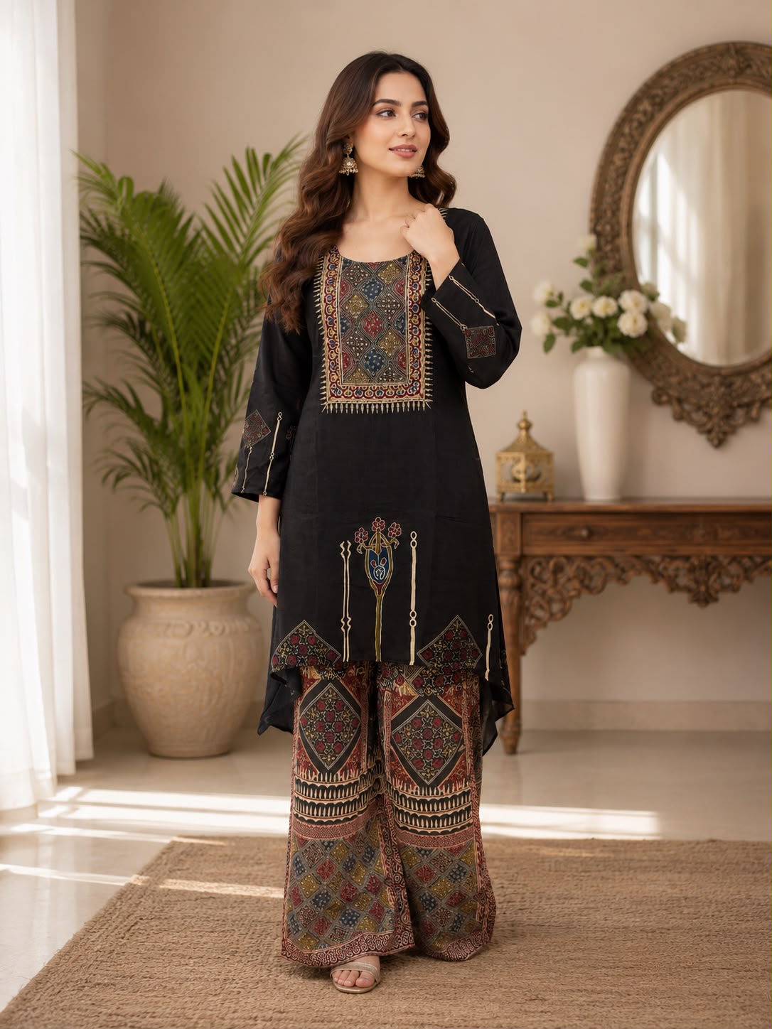 Black Heritage Kurta with Ajrakh Palazzo Set- Set of 2