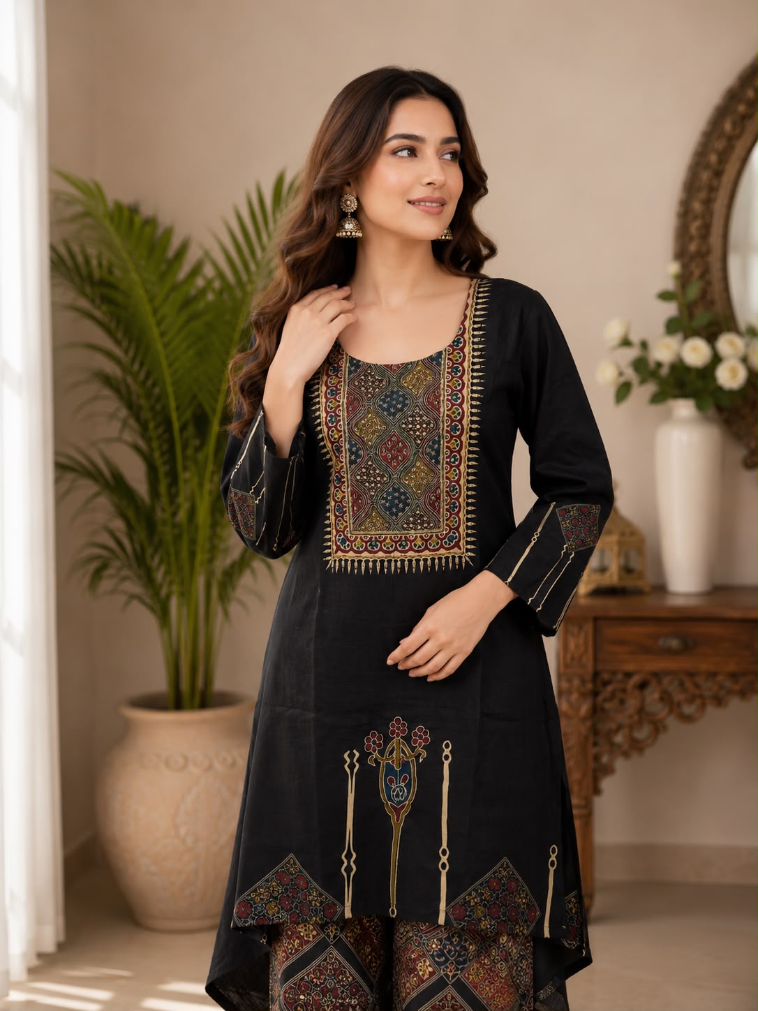 Black Heritage Kurta with Ajrakh Palazzo Set- Set of 2