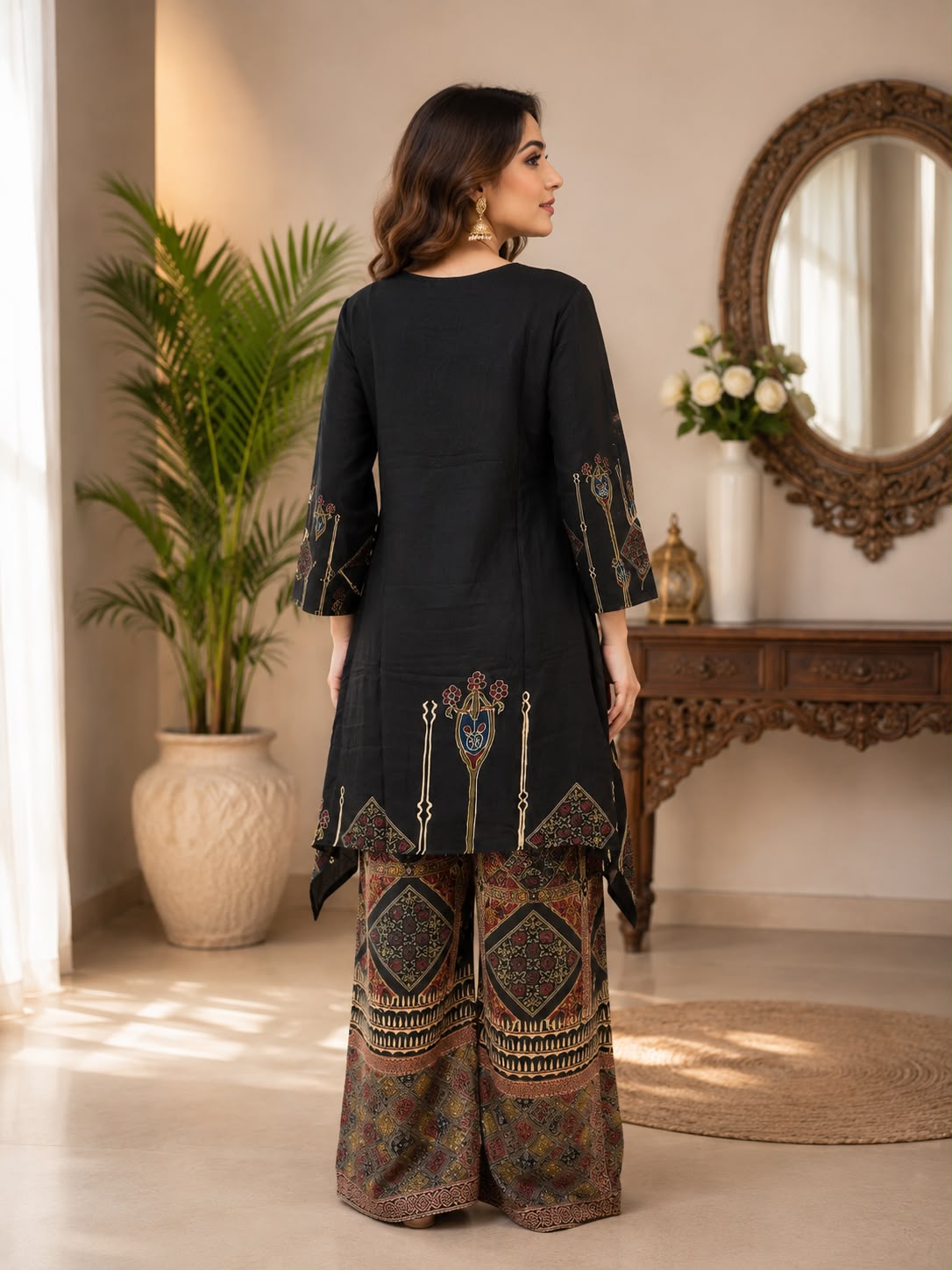 Black Heritage Kurta with Ajrakh Palazzo Set- Set of 2