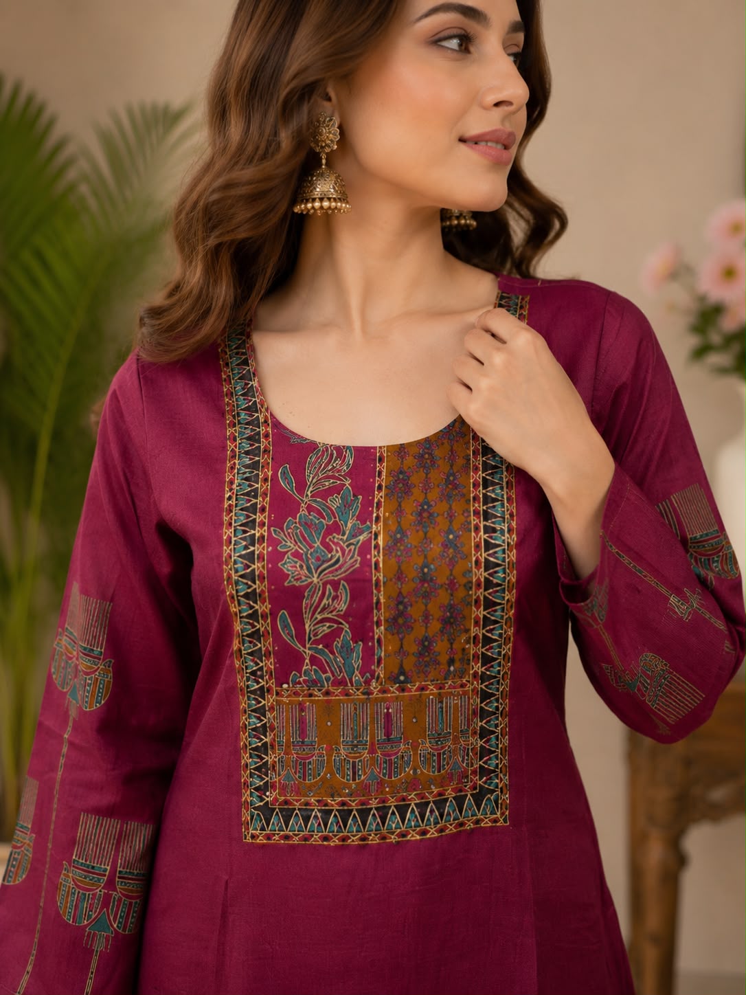 Maroon Heritage Kurta with Ajrakh Palazzo Set- Set of 2