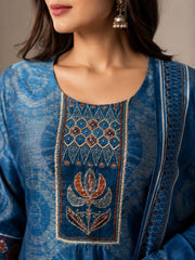 Indigo Blue Cotton Linen Digital Print A-Line Kurta Set- Set of 3