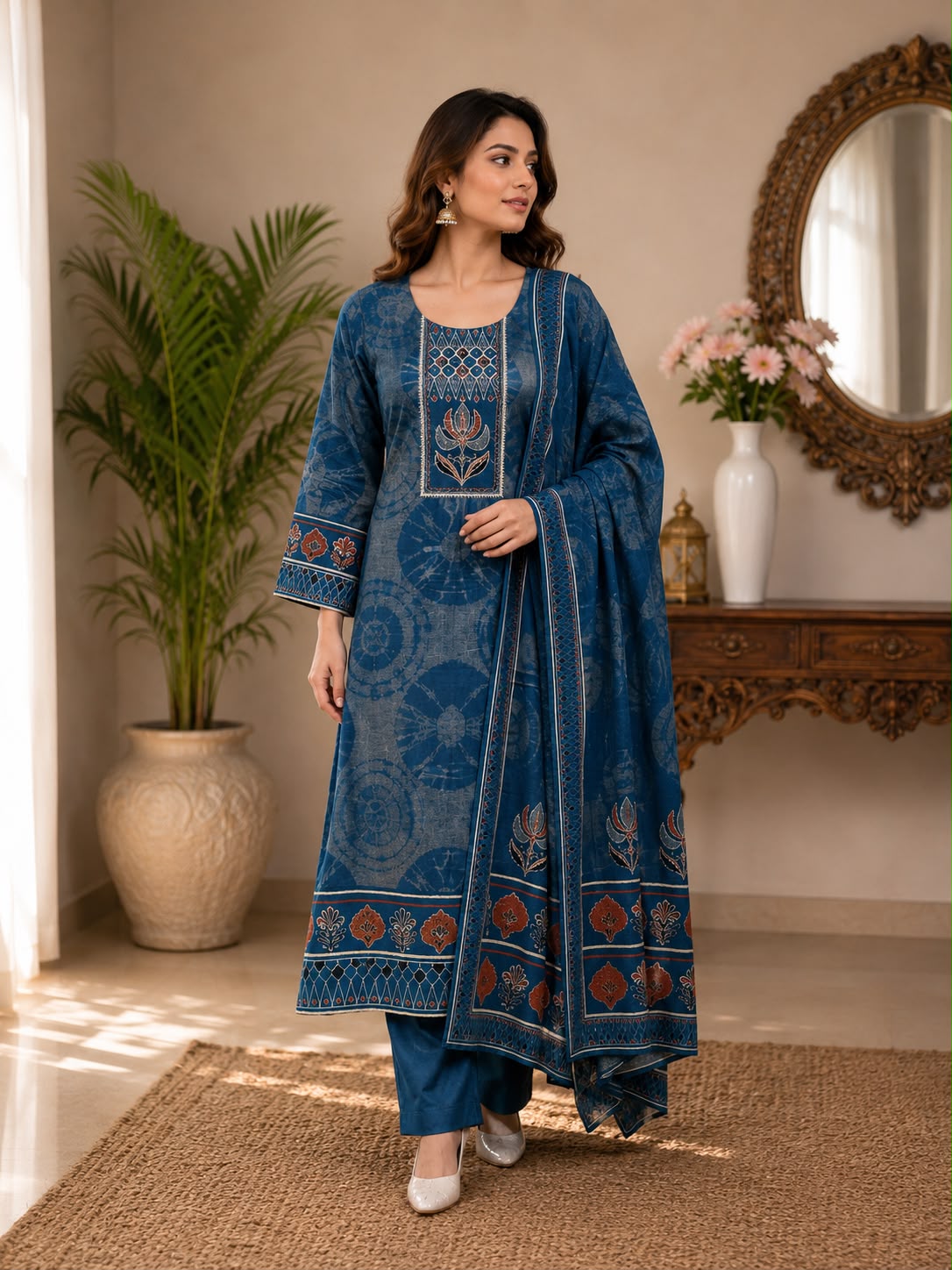 Indigo Blue Cotton Linen Digital Print A-Line Kurta Set- Set of 3