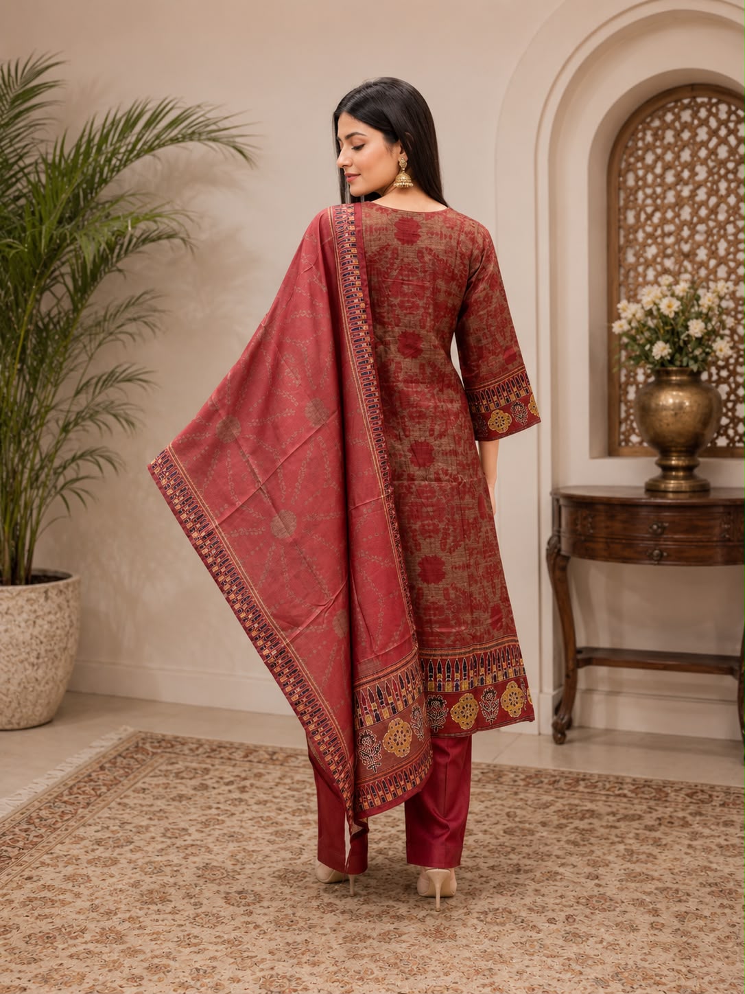 Rust Cotton Linen Digital Print A-Line Kurta Set- Set of 3