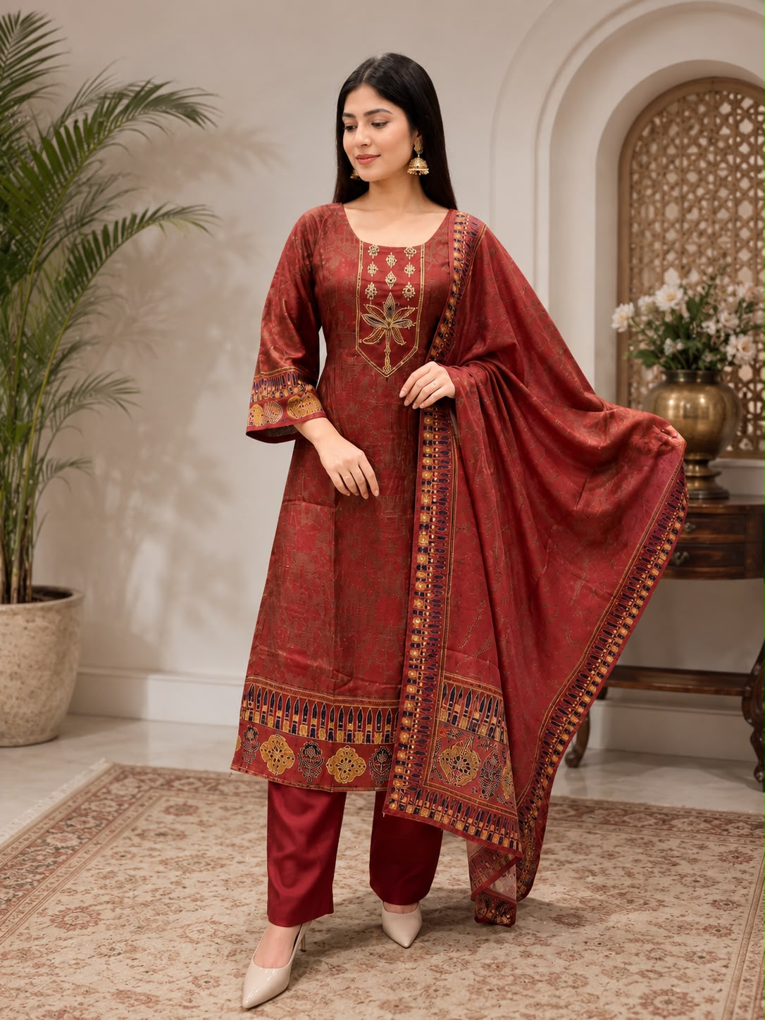 Rust Cotton Linen Digital Print A-Line Kurta Set- Set of 3