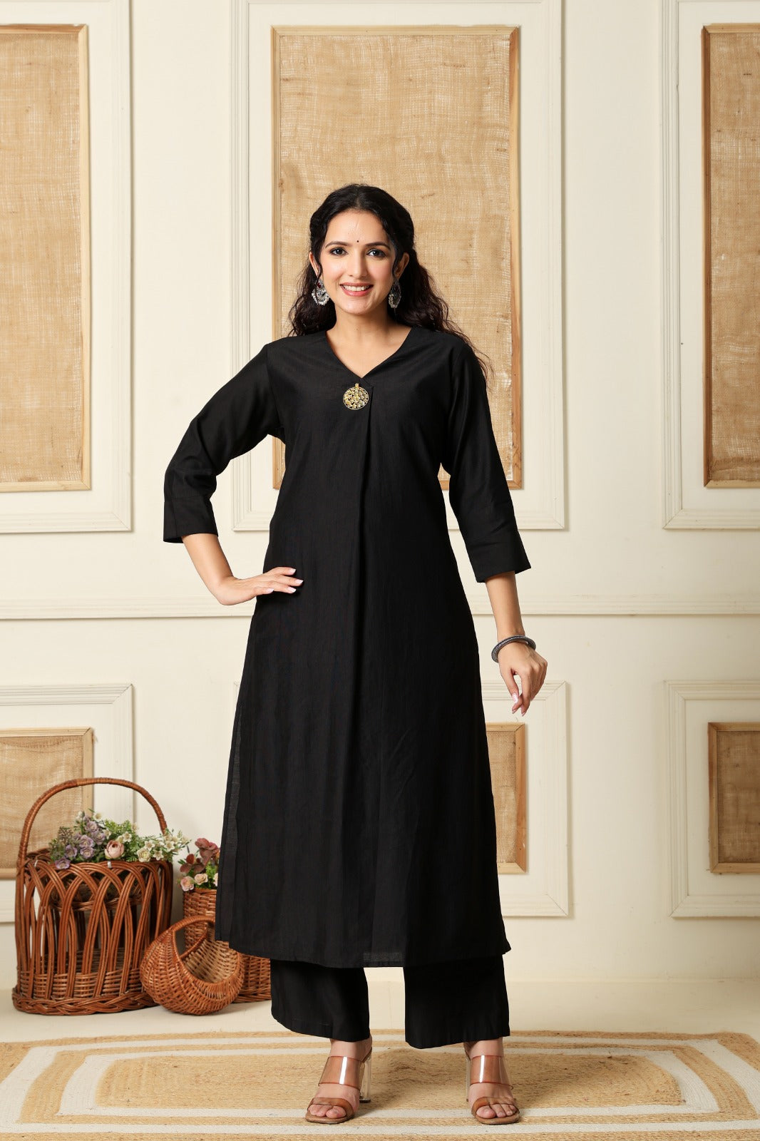 Black Vertical Silk A-Line Kurta With Pants- Set of 2