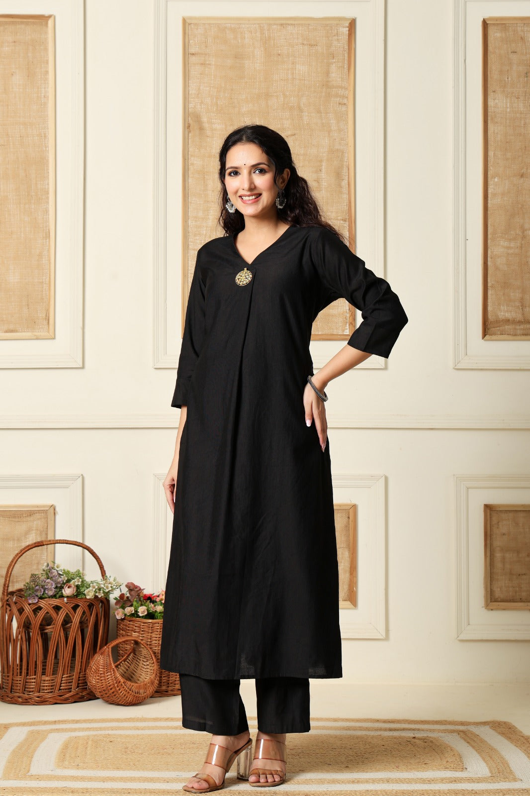 Black Vertical Silk A-Line Kurta With Pants- Set of 2