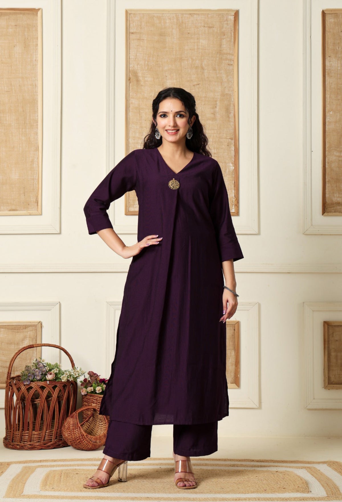 Wine Vertical Silk A-Line Kurta With Pants- Set of 2
