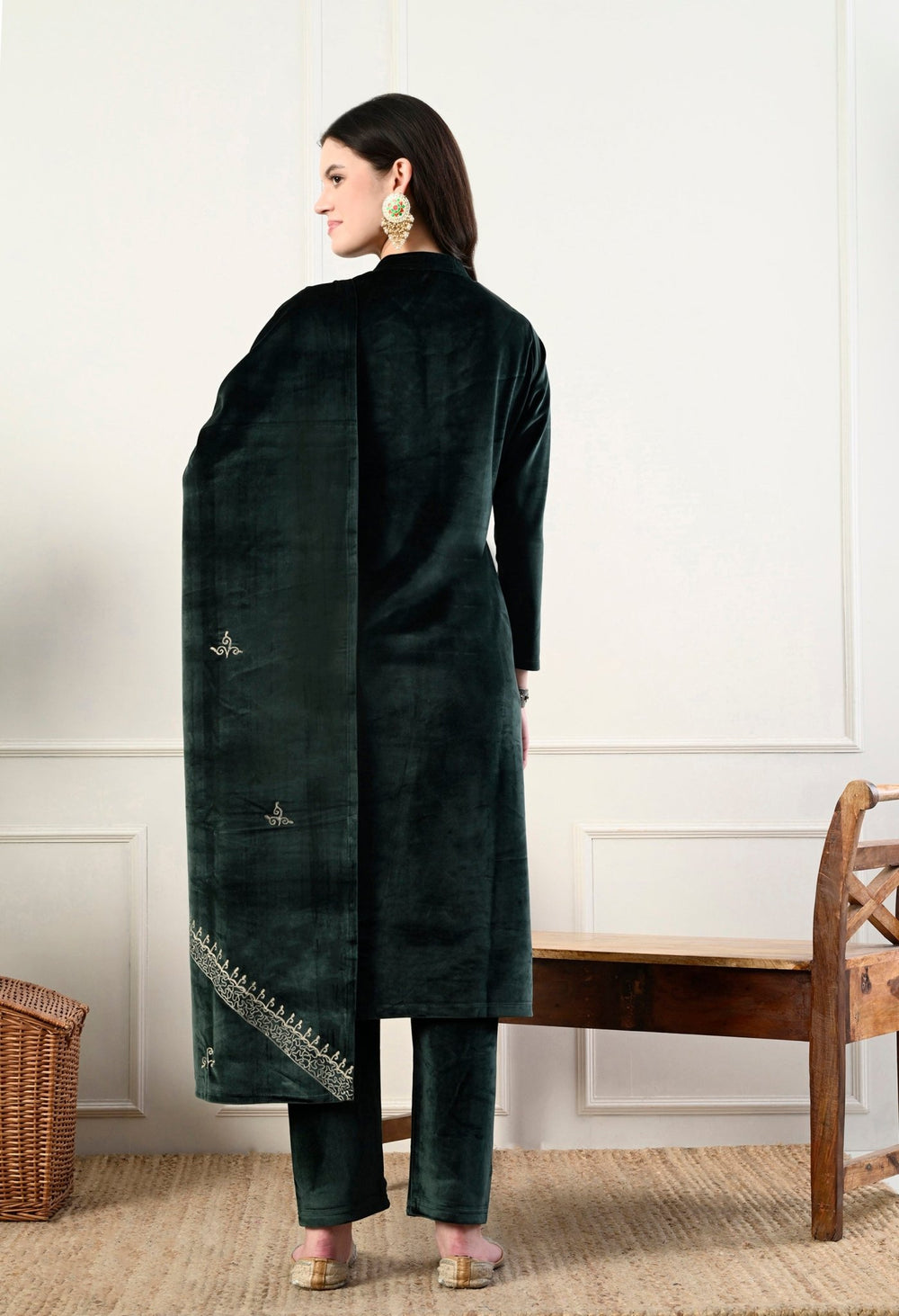 Elegant 3 - piece pure velvet set with rich Kashmiri embroidery! - Fine Strings