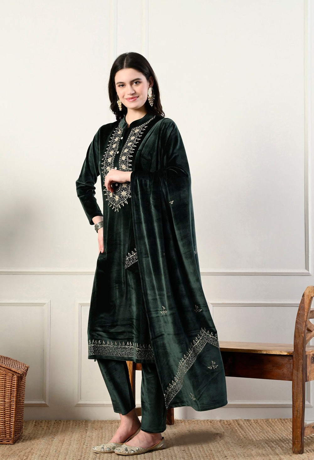 Elegant 3 - piece pure velvet set with rich Kashmiri embroidery! - Fine Strings