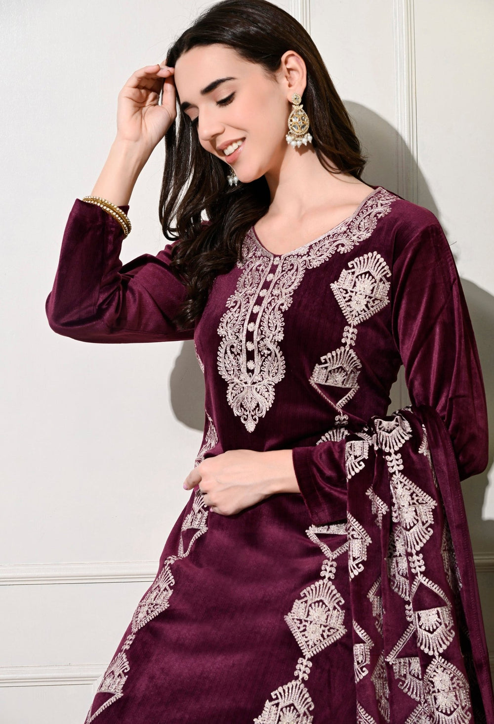Elegant 3 - Piece Pure Velvet Set with Rich Kashmiri Embroidery! - Fine Strings