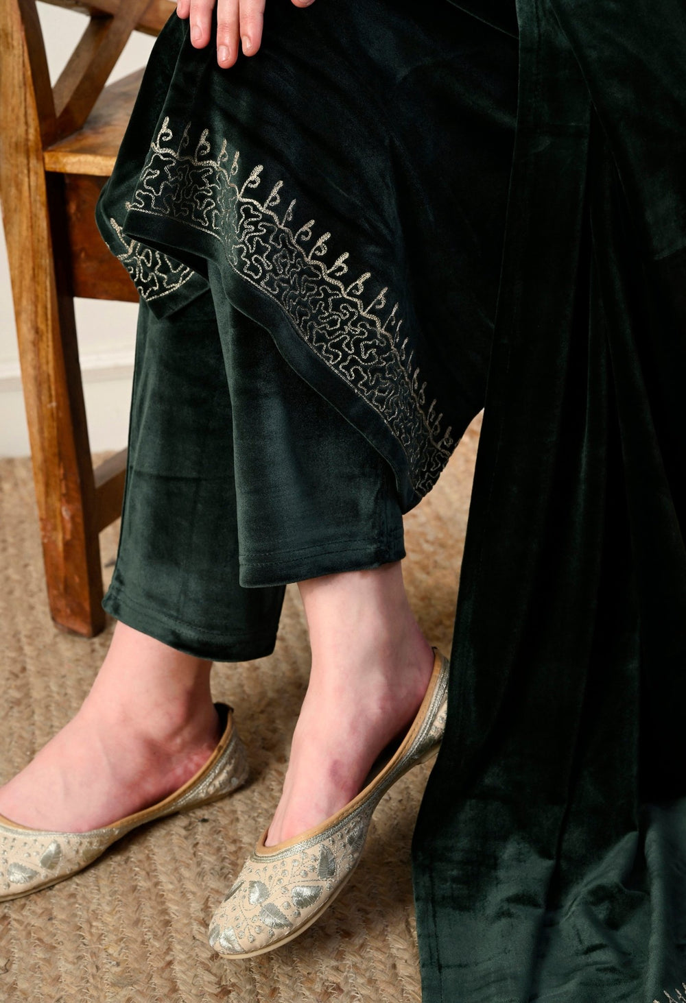 Elegant 3 - piece pure velvet set with rich Kashmiri embroidery! - Fine Strings