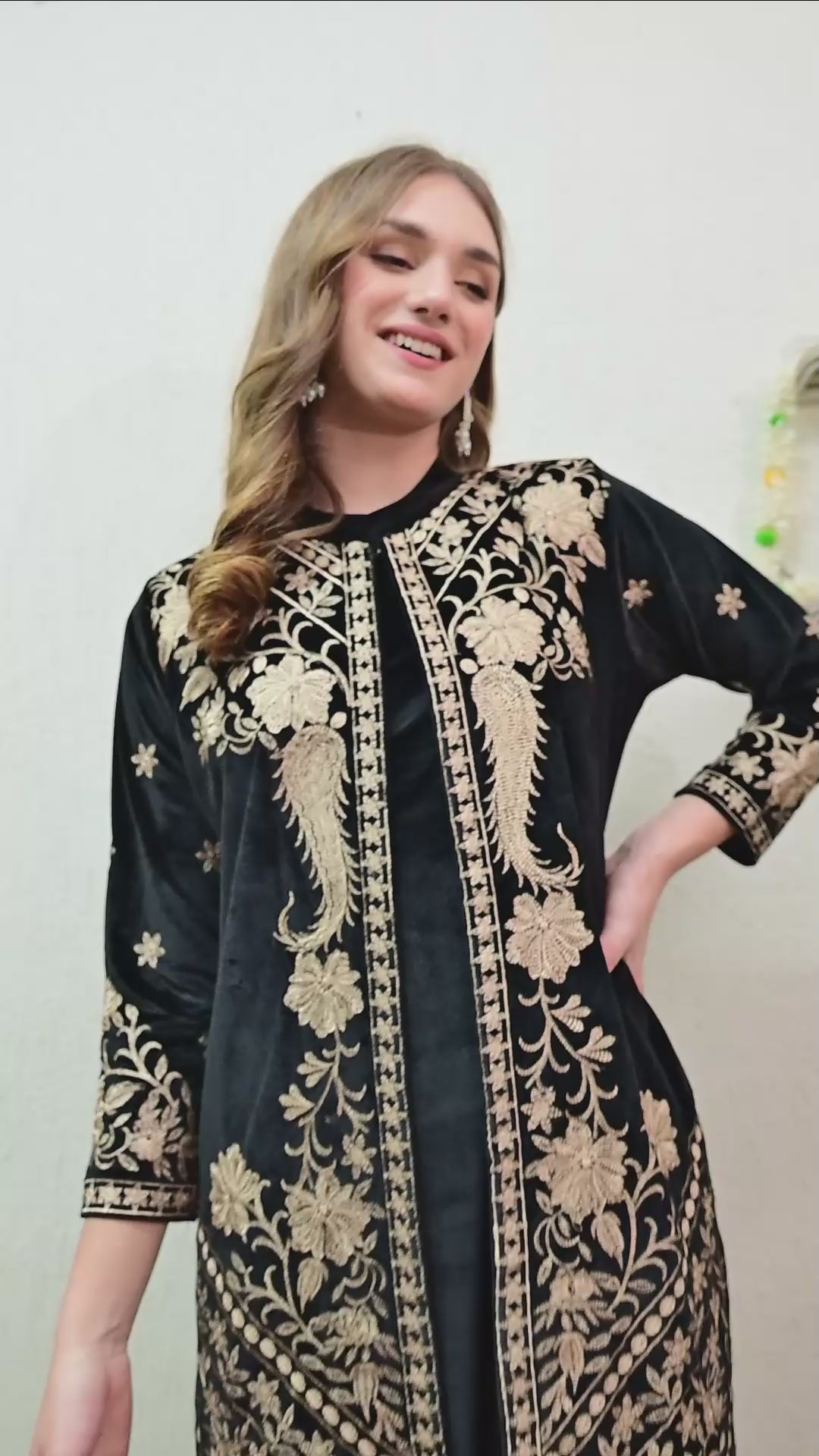 Black Kashmiri Embroidered Velvet Suit with Detachable Jacket - Set of 3