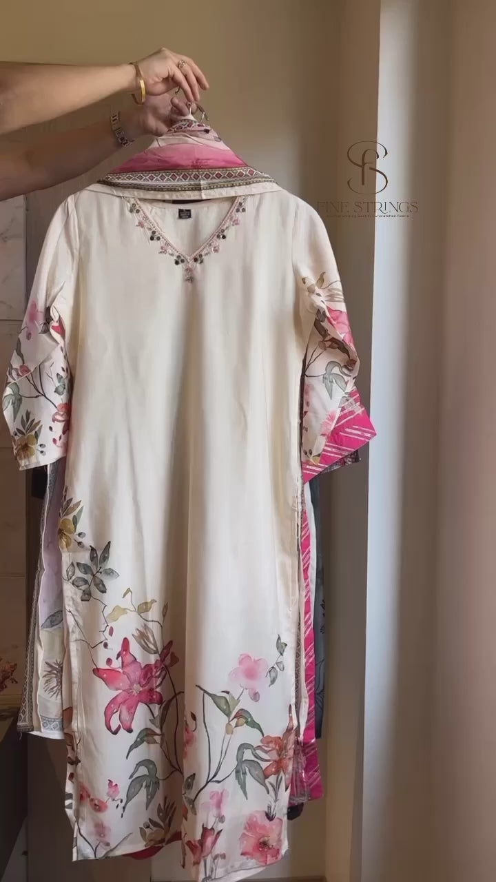 Cream Floral Muslin Suit with Mirror Work Neckline - Set of 3