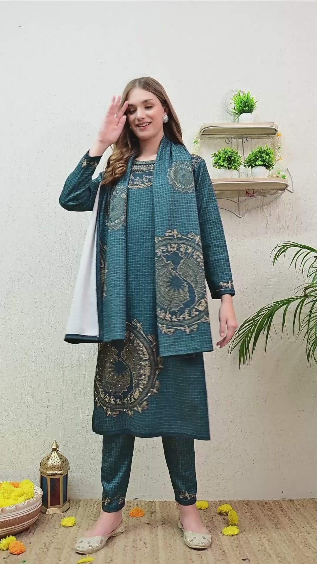 Blue Digital Print Woolen Suit (with Shawl) with Zari and Beads Work Detailing - Set of 3