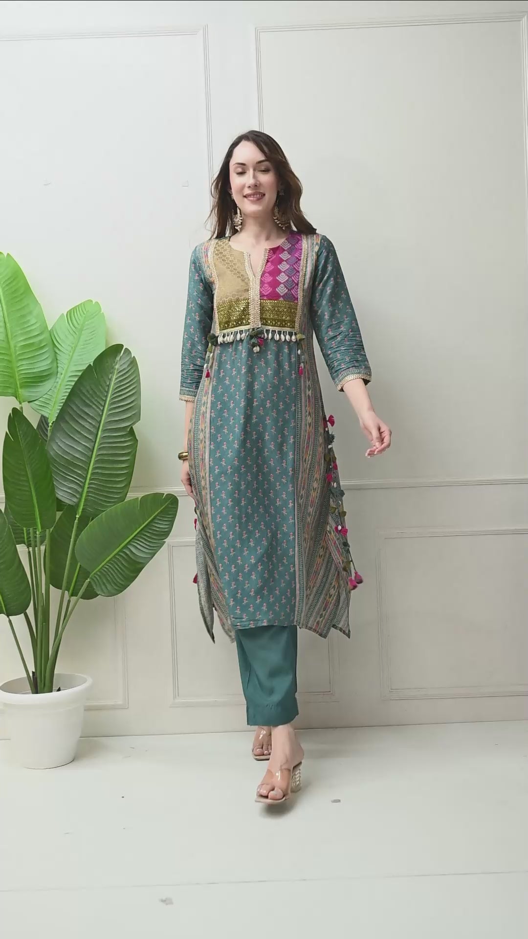 Luxurious Blue Muslin Silk Set with Brocade Banarasi Neckline and Tassels - Set of 2