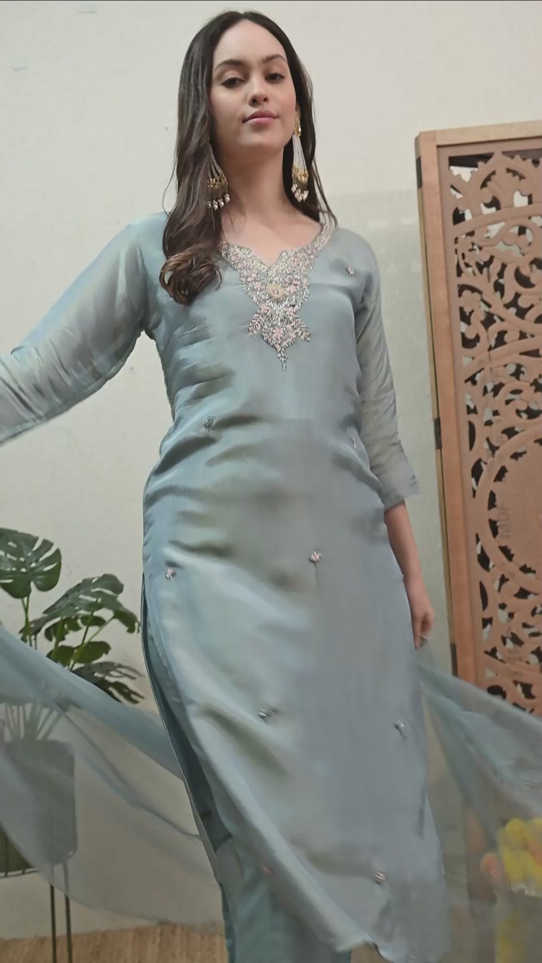 Powder Blue Soft Shimmer Silk Suit- Set of 3