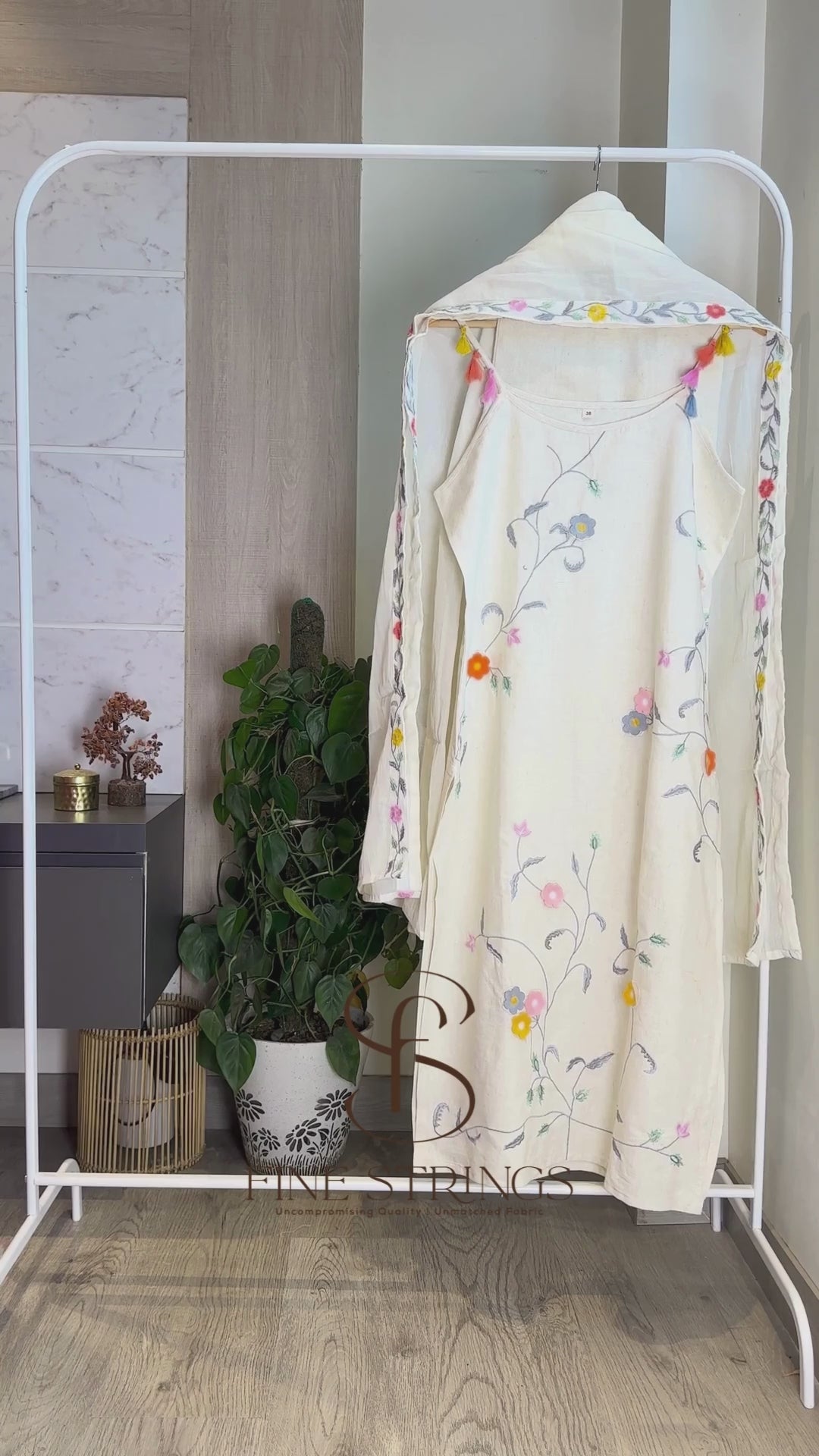 Cream Cotton Suit with Dori Work, Noddle Straps -Set of 3