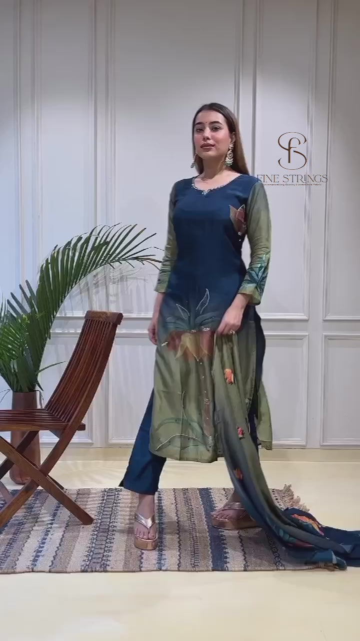 Teal Blue Green Silk Digital Print Embroidered Suit-Set of 3