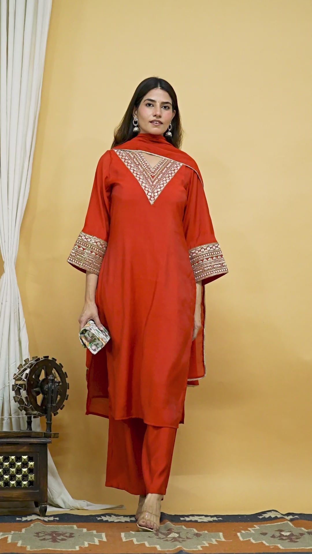 Rust Orange Mul Chanderi Zari Sequin Embroidered Suit-Set of 3