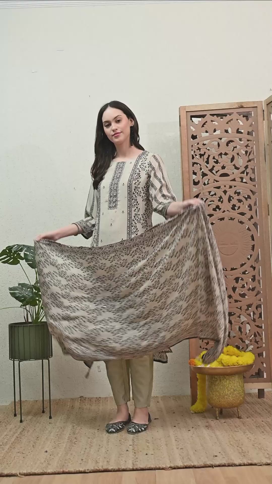 Cream Muslin Suit with Sequence Work Detailing- Set of 3